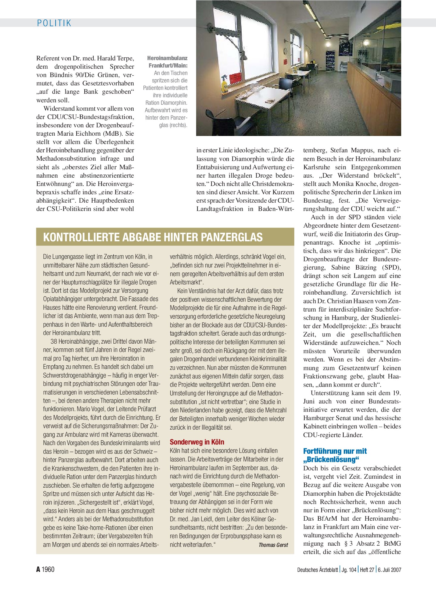 Vorschauseite 1: Kontrollierte Abgabe Hinter Panzerglas – Deutsches Ärzteblatt