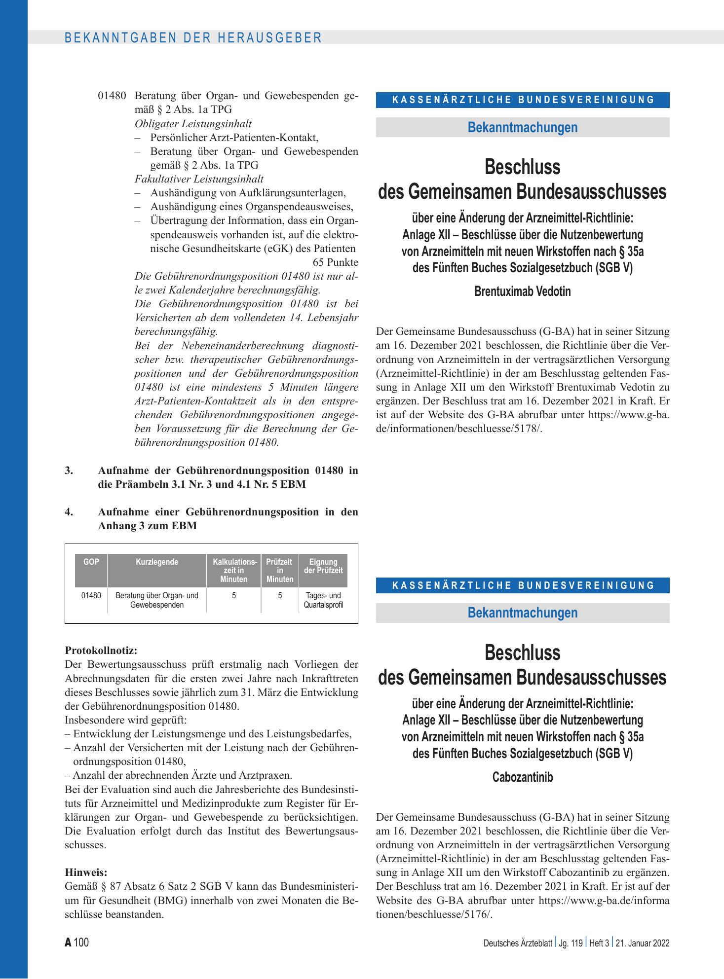 Vorschauseite 1: Beschluss des Gemeinsamen Bundesausschusses über eine Änderung der Arzneimittel-Richtlinie: Cabozantinib – Deutsches Ärzteblatt