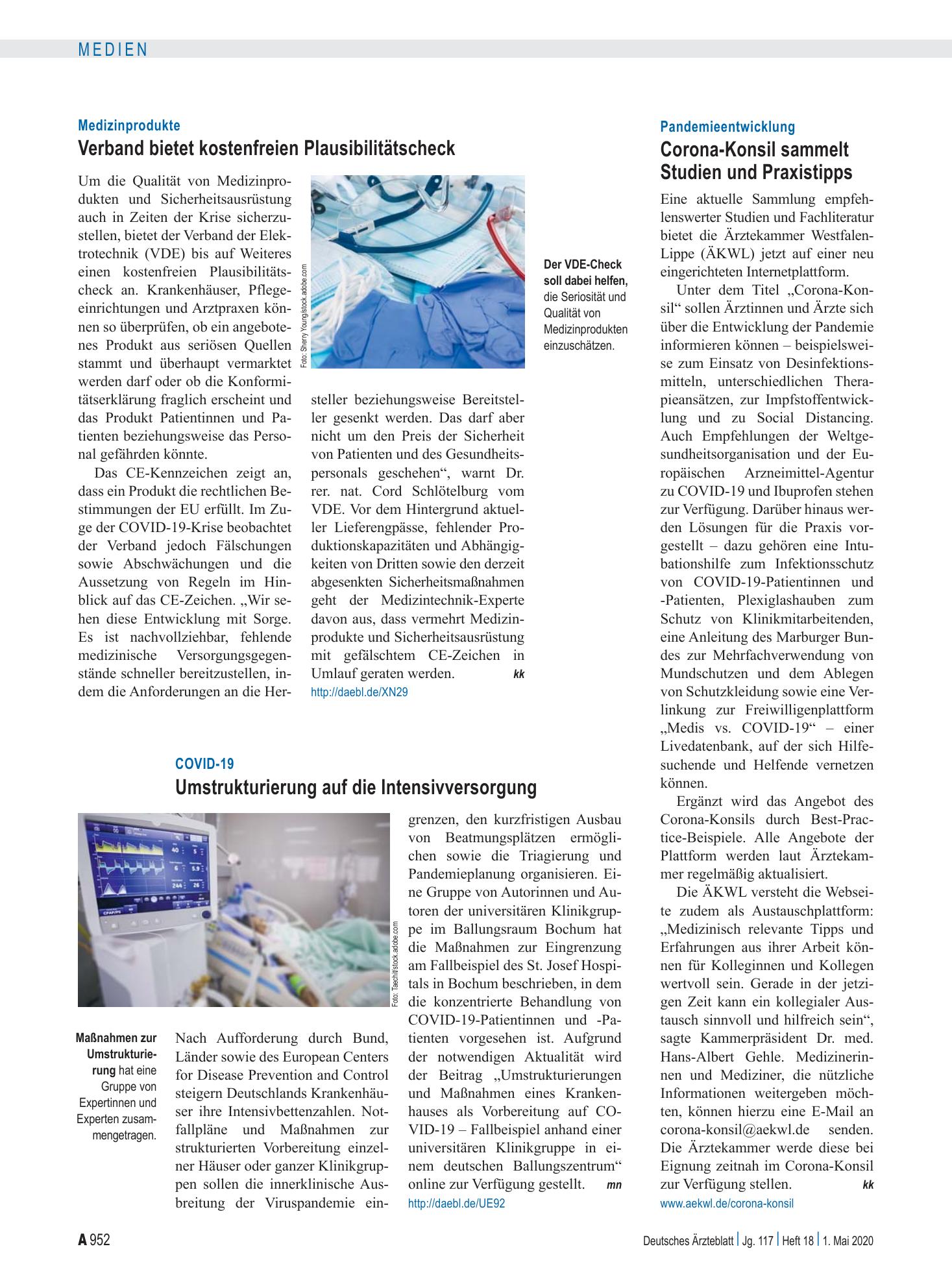 Vorschauseite 1: COVID-19: Umstrukturierung auf die Intensivversorgung – Deutsches Ärzteblatt