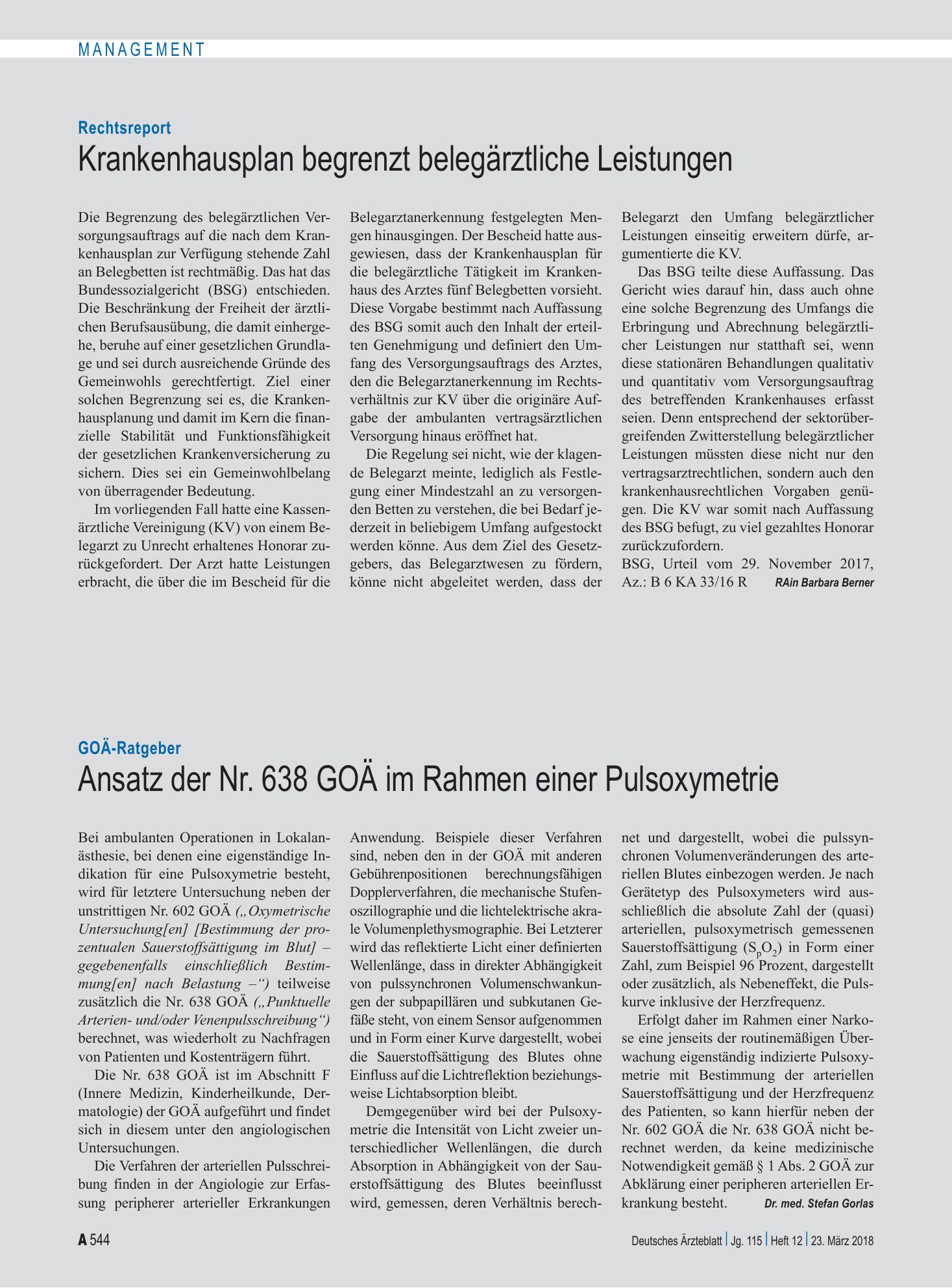 Vorschauseite 1: GOÄ-Ratgeber: Ansatz der Nr. 638 GOÄ im Rahmen einer Pulsoxymetrie – Deutsches Ärzteblatt