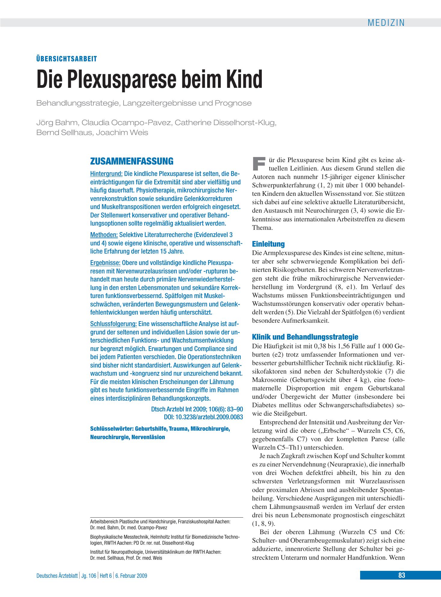 Vorschauseite 1: Die Plexusparese beim Kind – Deutsches Ärzteblatt