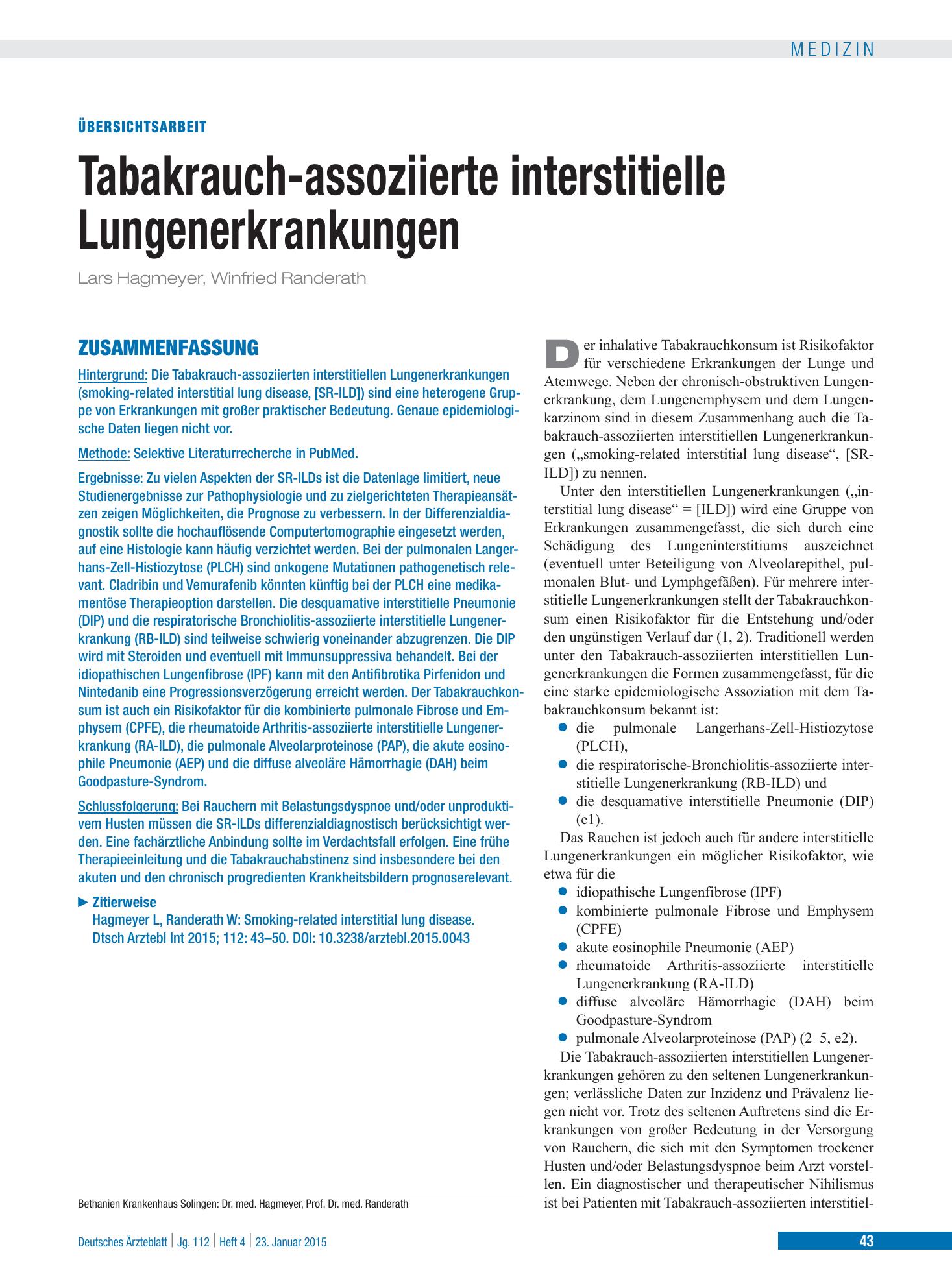 Vorschauseite 1: Tabakrauch-assoziierte interstitielle Lungenerkrankungen – Deutsches Ärzteblatt