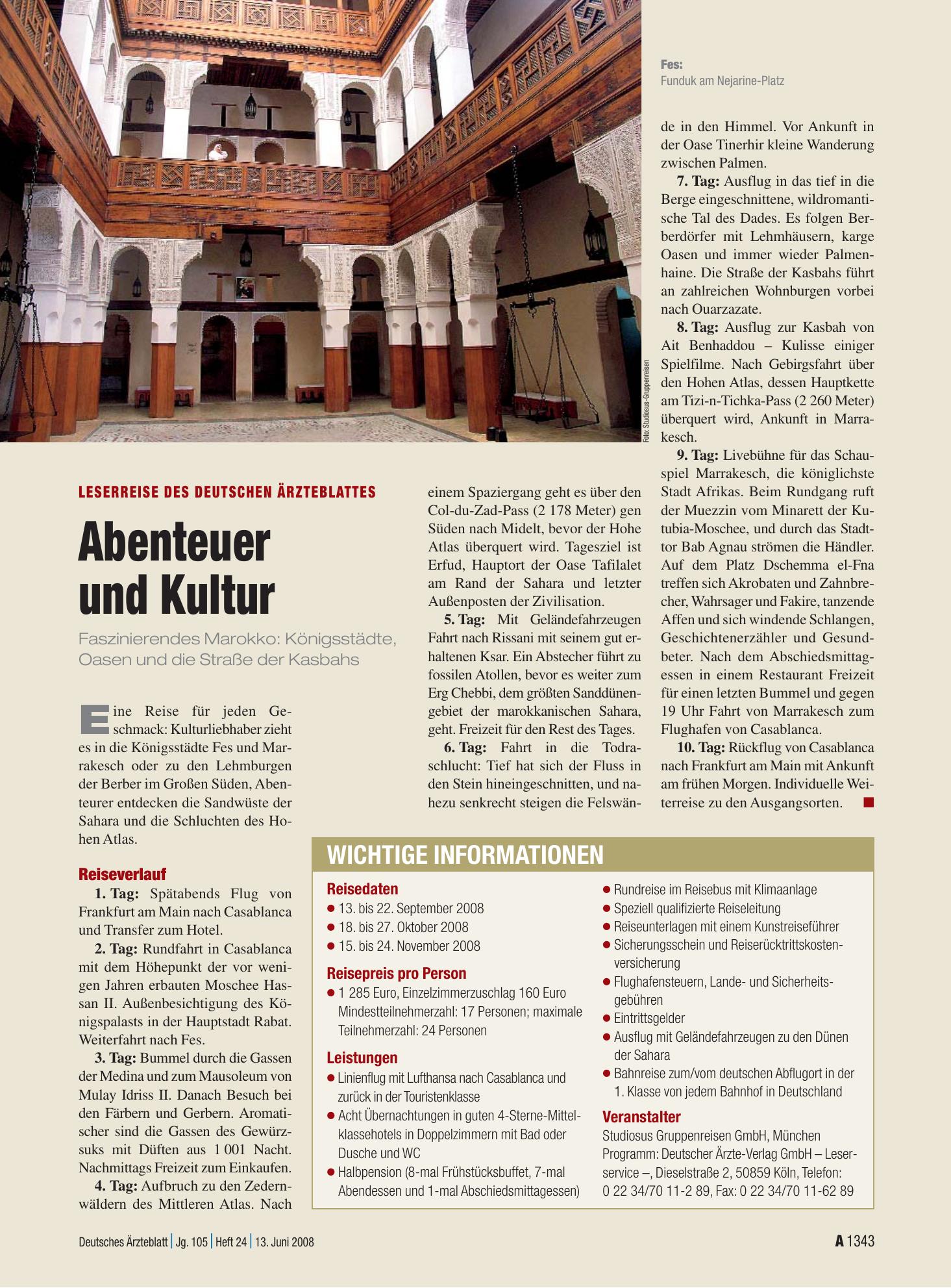 Vorschauseite 1: Abenteuer und Kultur - Faszinierendes Marokko: Königsstädte, Oasen und die Straße der Kasbahs – Deutsches Ärzteblatt
