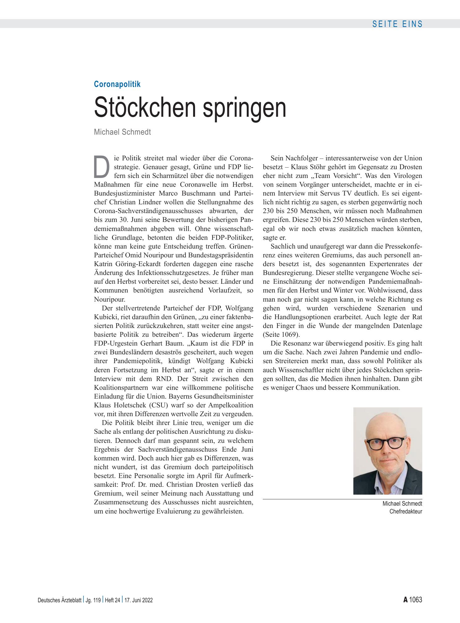 Vorschauseite 1: Coronapolitik: Stöckchen springen – Deutsches Ärzteblatt