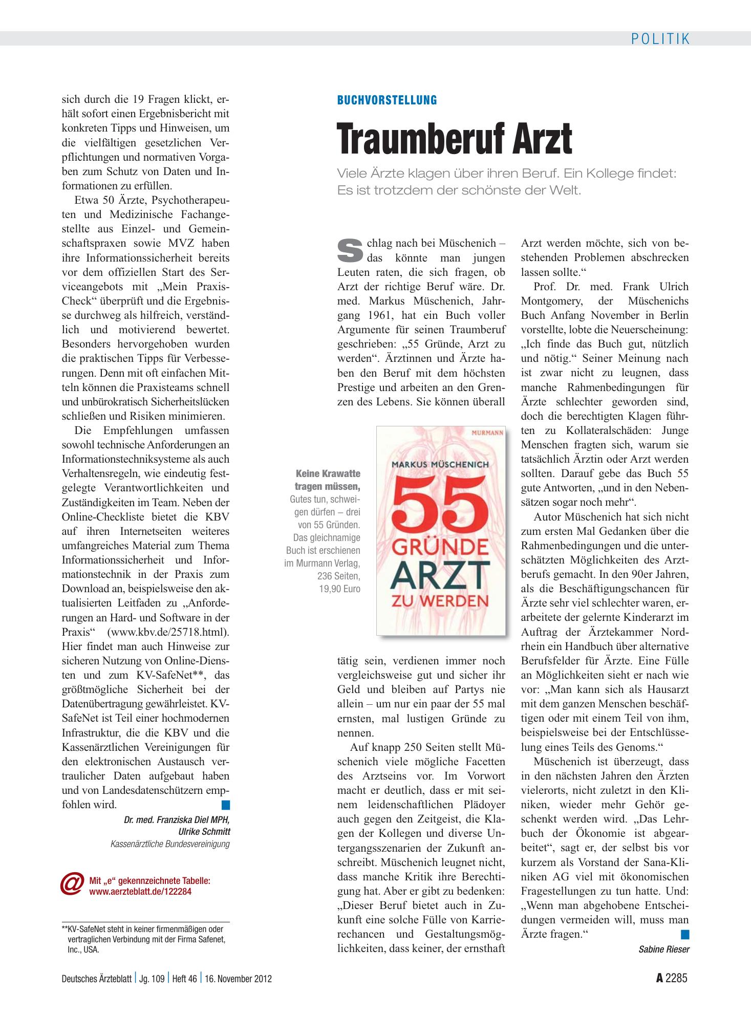 Vorschauseite 1: Buchvorstellung: Traumberuf Arzt – Deutsches Ärzteblatt