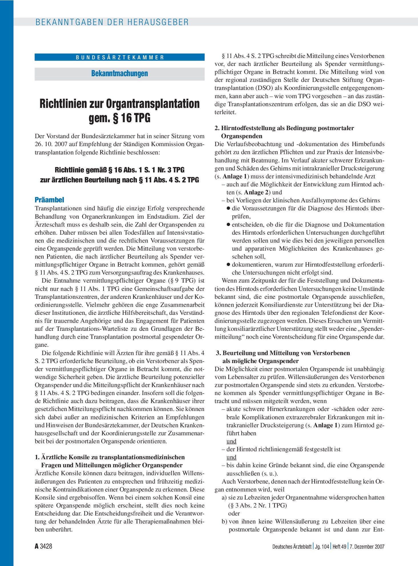 Vorschauseite 1: Bekanntmachungen: Richtlinien zur Organtransplantation gem. § 16 TPG – Deutsches Ärzteblatt