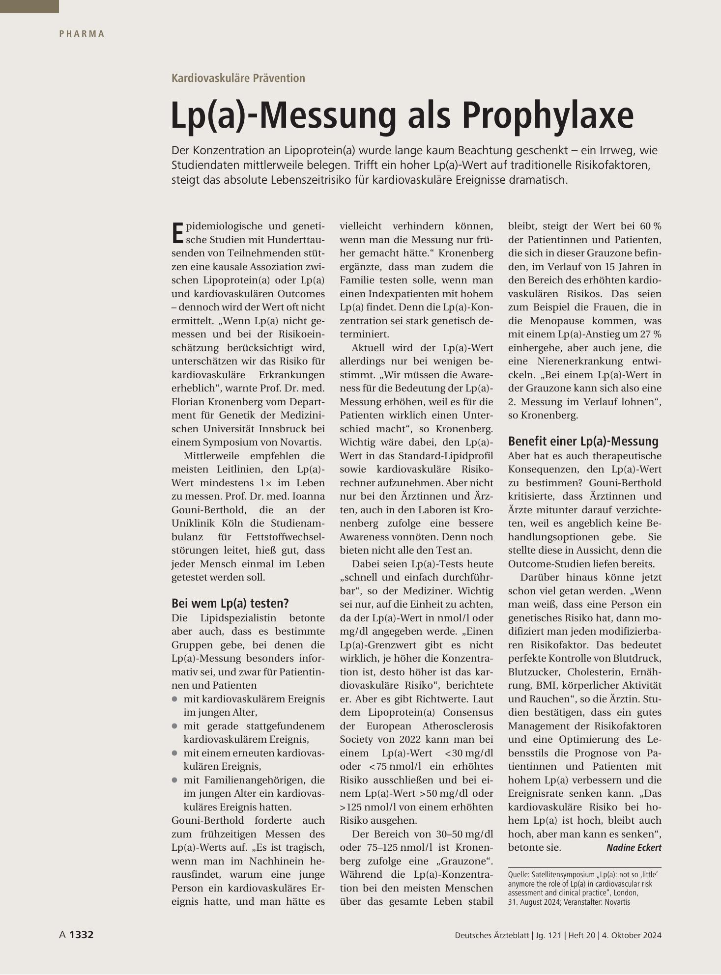 Vorschauseite 1: Kardiovaskuläre Prävention: Lp(a)-Messung als Prophylaxe – Deutsches Ärzteblatt