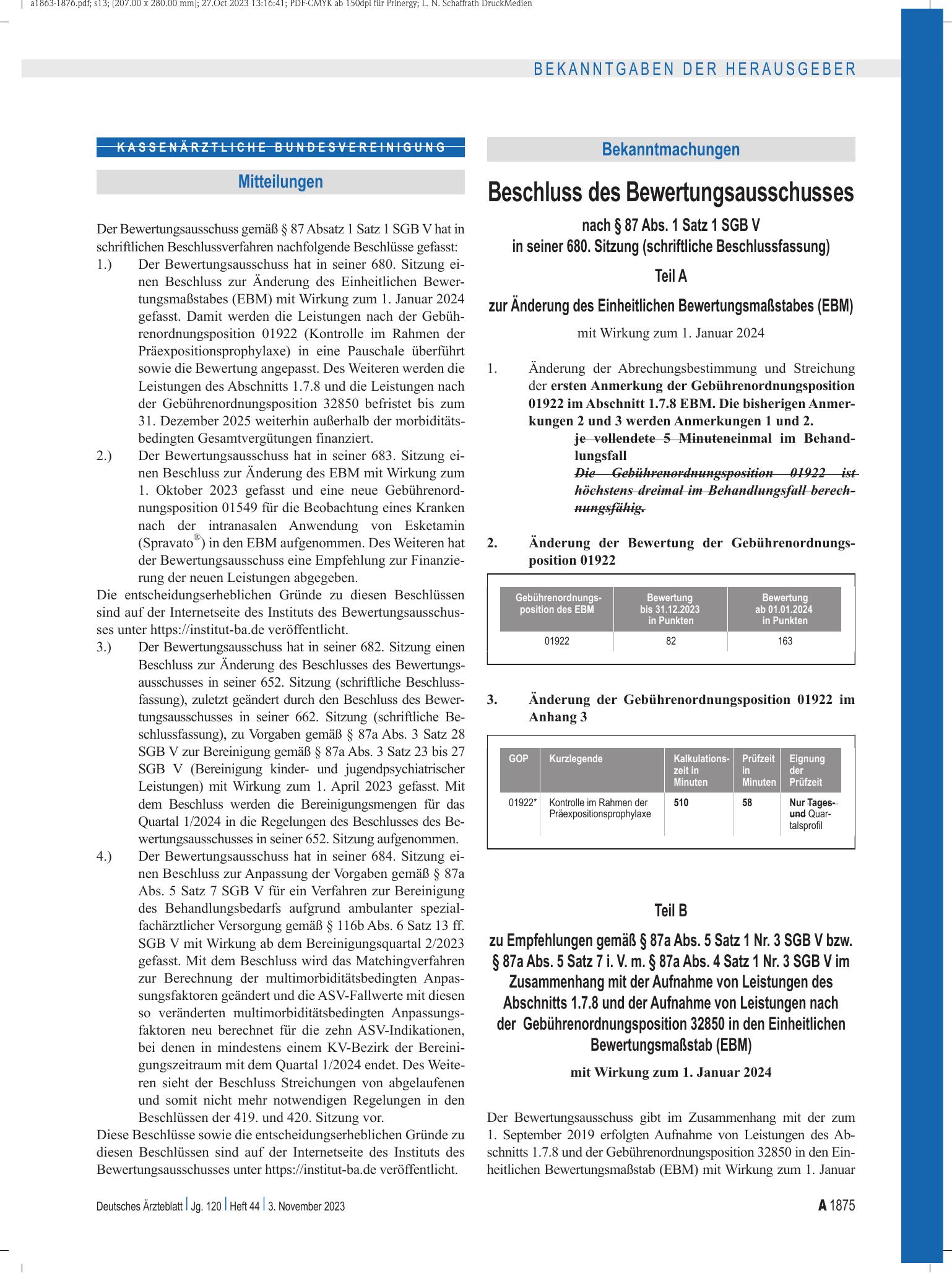 Vorschauseite 1: Beschluss des Bewertungsausschusses nach § 87 Abs. 1 Satz 1 SGB V in seiner 680. Sitzung (schriftliche Beschlussfassung) – Deutsches Ärzteblatt