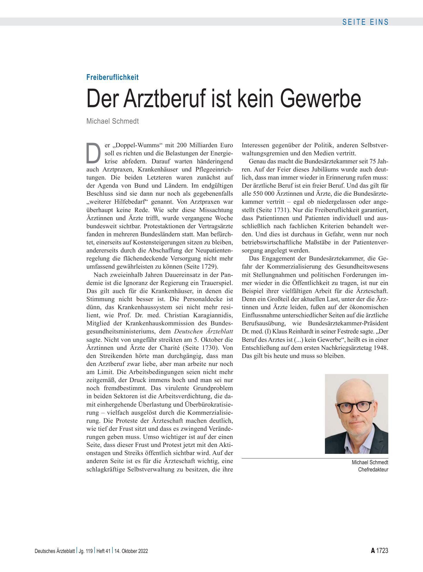 Vorschauseite 1: Freiberuflichkeit: Der Arztberuf ist kein Gewerbe – Deutsches Ärzteblatt