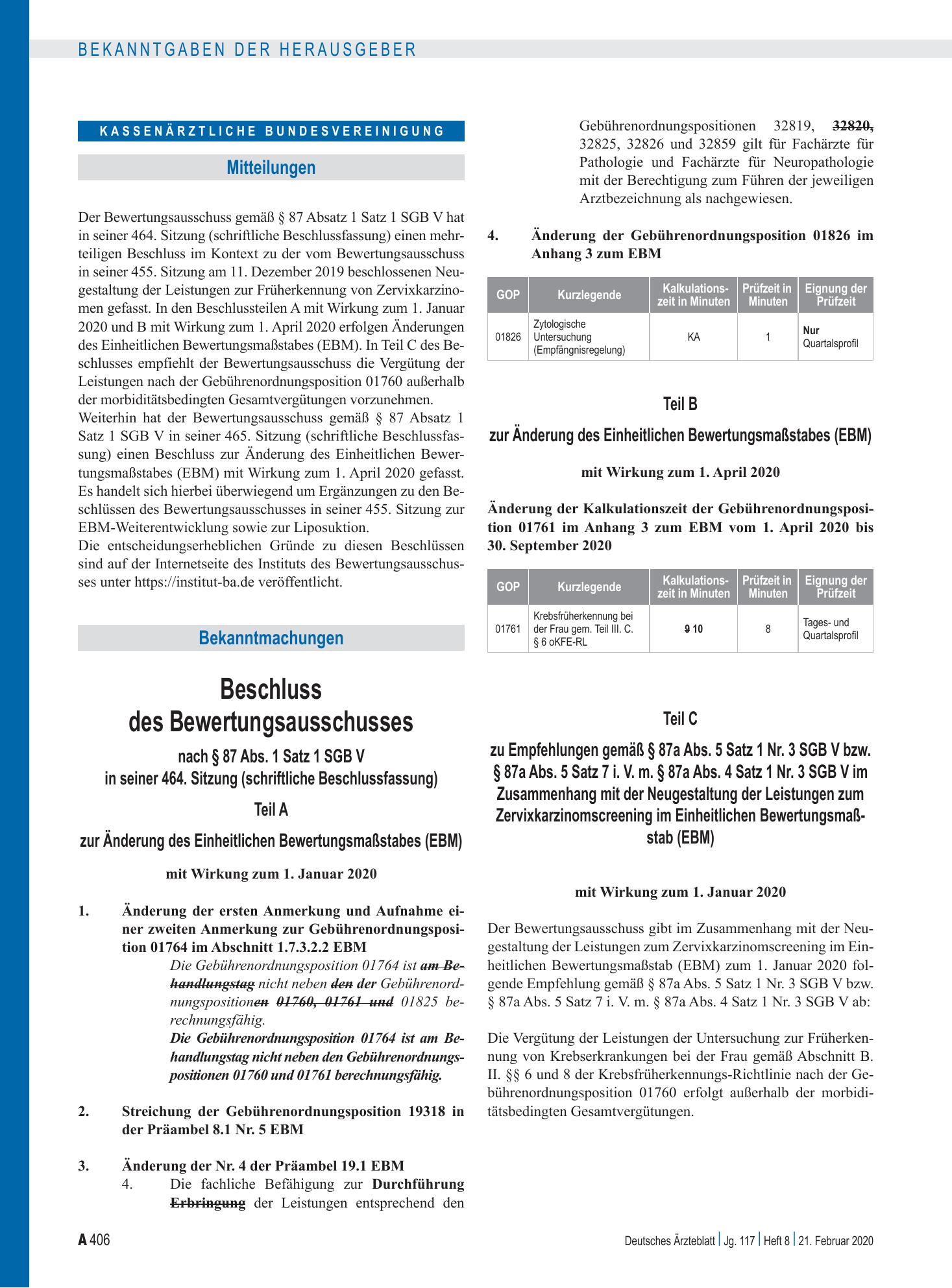 Vorschauseite 1: Beschluss des Bewertungsausschusses nach § 87 Abs. 1 Satz 1 SGB V in seiner 464. Sitzung (schriftliche Beschlussfassung): Teil A,Teil B, Teil C – Deutsches Ärzteblatt
