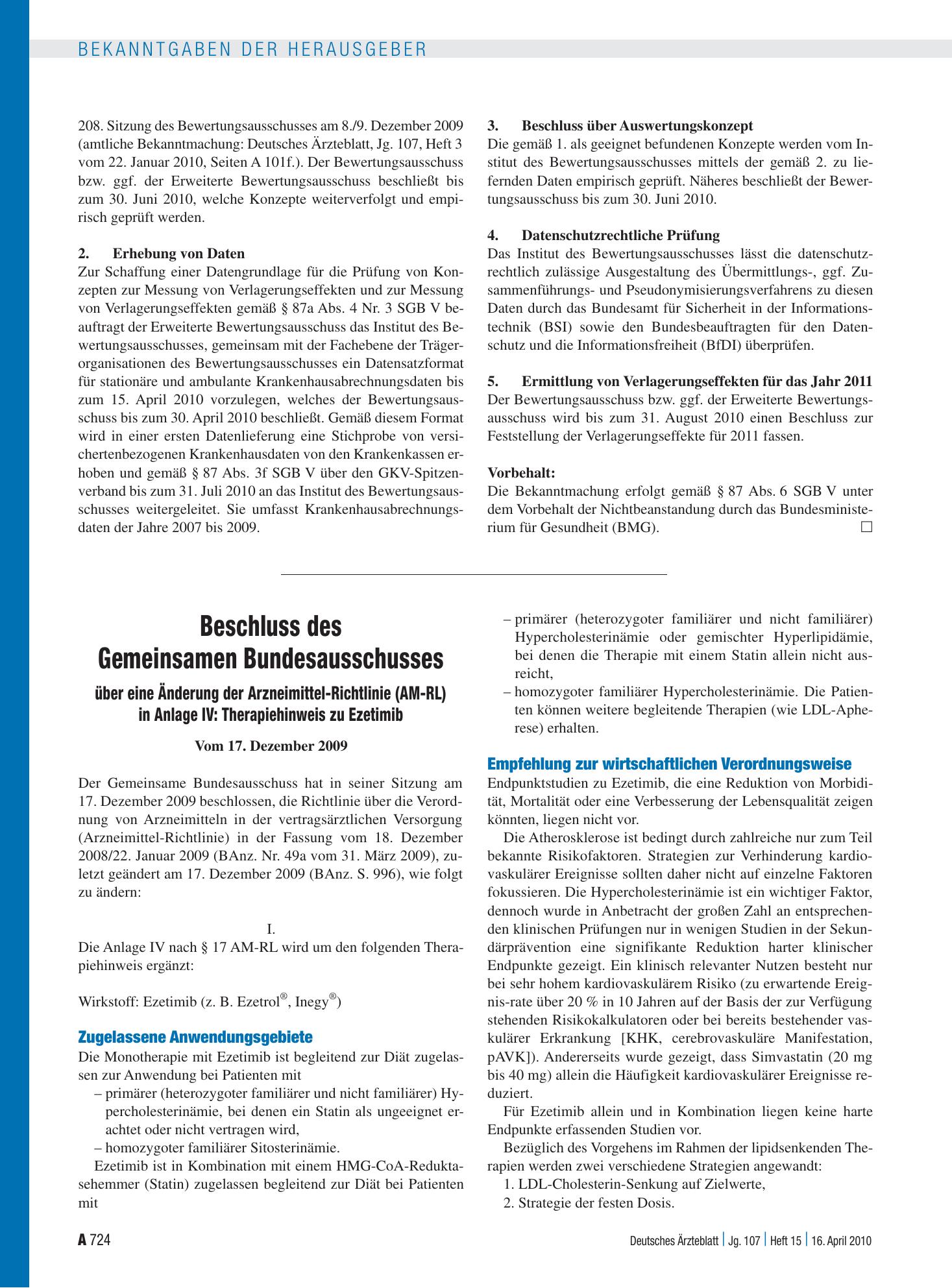Vorschauseite 1: Beschluss des Gemeinsamen Bundesausschusses über eine Änderung der Arzneimittel-Richtlinie (AM-RL) in Anlage IV: Therapiehinweis zu Ezetimib Vom 17. Dezember 2009 – Deutsches Ärzt…