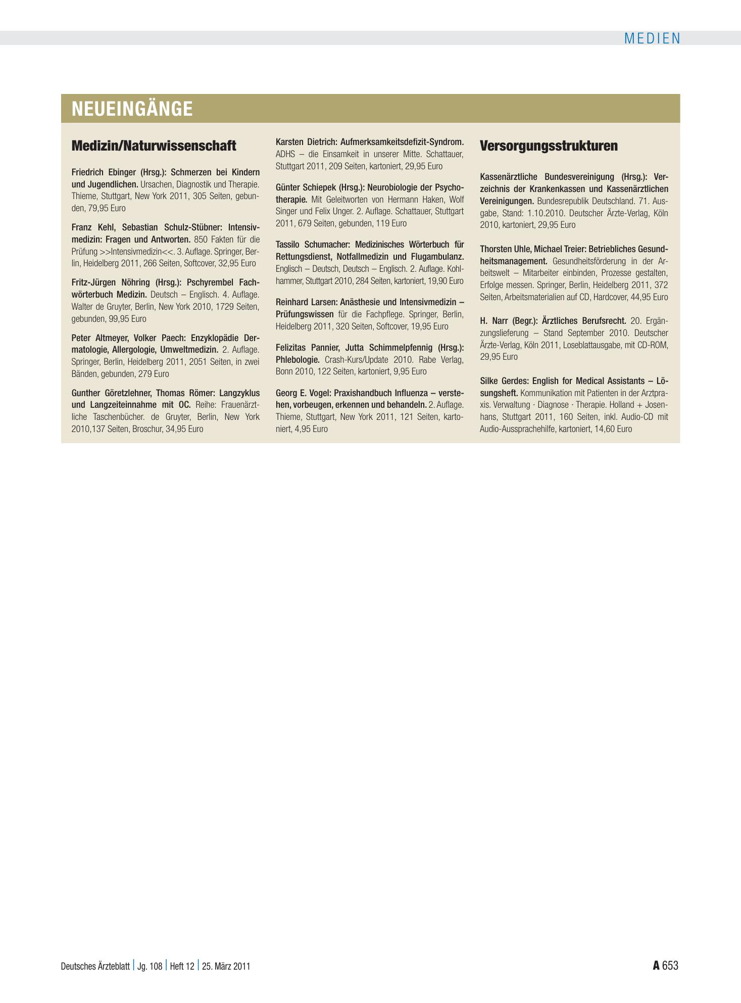 Vorschauseite 1: Neueingänge – Deutsches Ärzteblatt