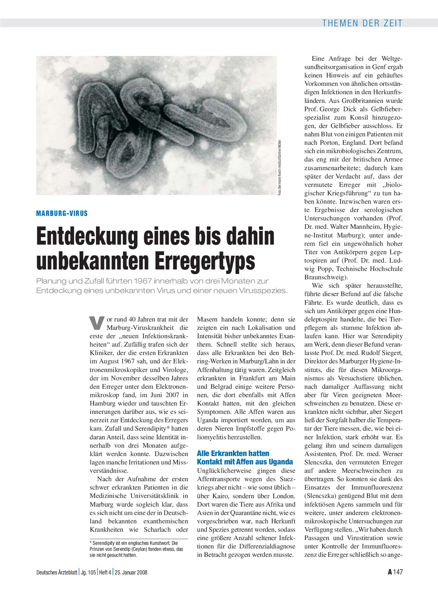 Vorschauseite 1: Marburg-Virus: Entdeckung eines bis dahin unbekannten Erregertyps – Deutsches Ärzteblatt