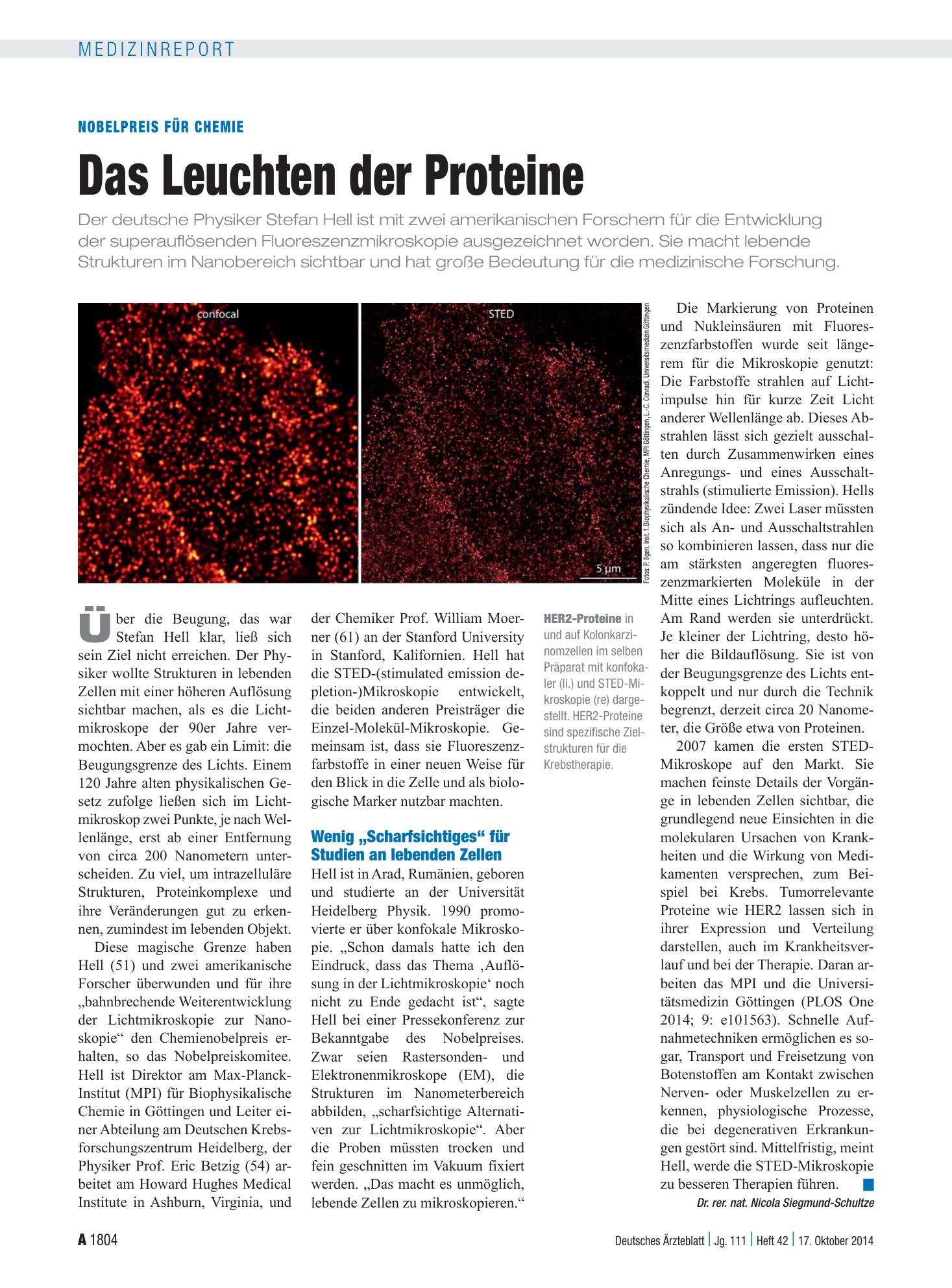 Vorschauseite 1: Nobelpreis für Chemie: Das Leuchten der Proteine – Deutsches Ärzteblatt