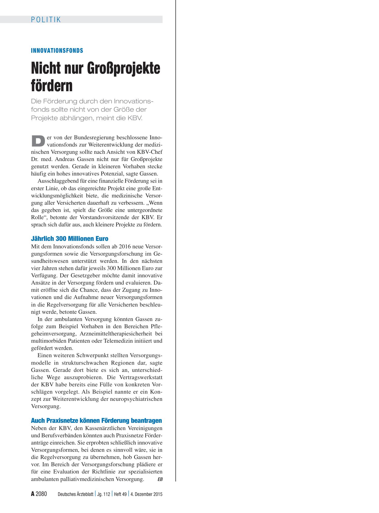 Vorschauseite 1: Innovationsfonds: Nicht nur Großprojekte fördern – Deutsches Ärzteblatt