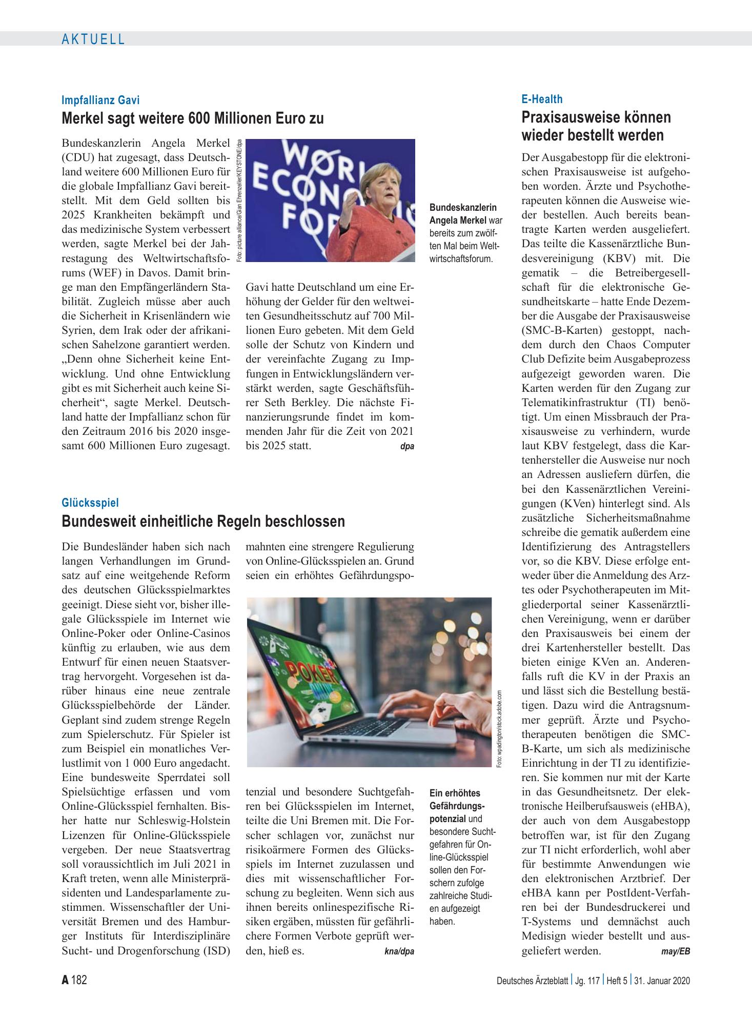 Vorschauseite 1: Glücksspiel: Bundesweit einheitliche Regeln beschlossen – Deutsches Ärzteblatt