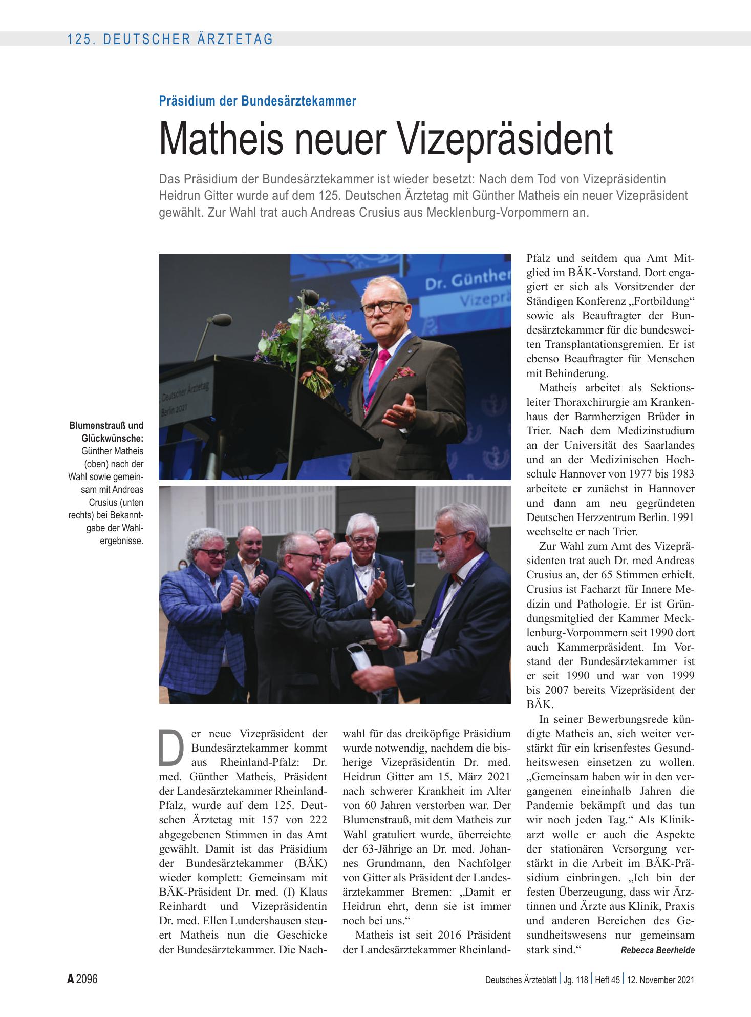 Vorschauseite 1: Präsidium der Bundesärztekammer: Matheis neuer Vizepräsident – Deutsches Ärzteblatt