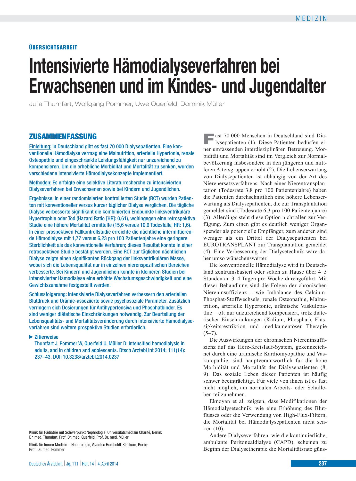 Vorschauseite 1: Intensivierte Hämodialyseverfahren bei Erwachsenen und im Kindes- und Jugendalter – Deutsches Ärzteblatt