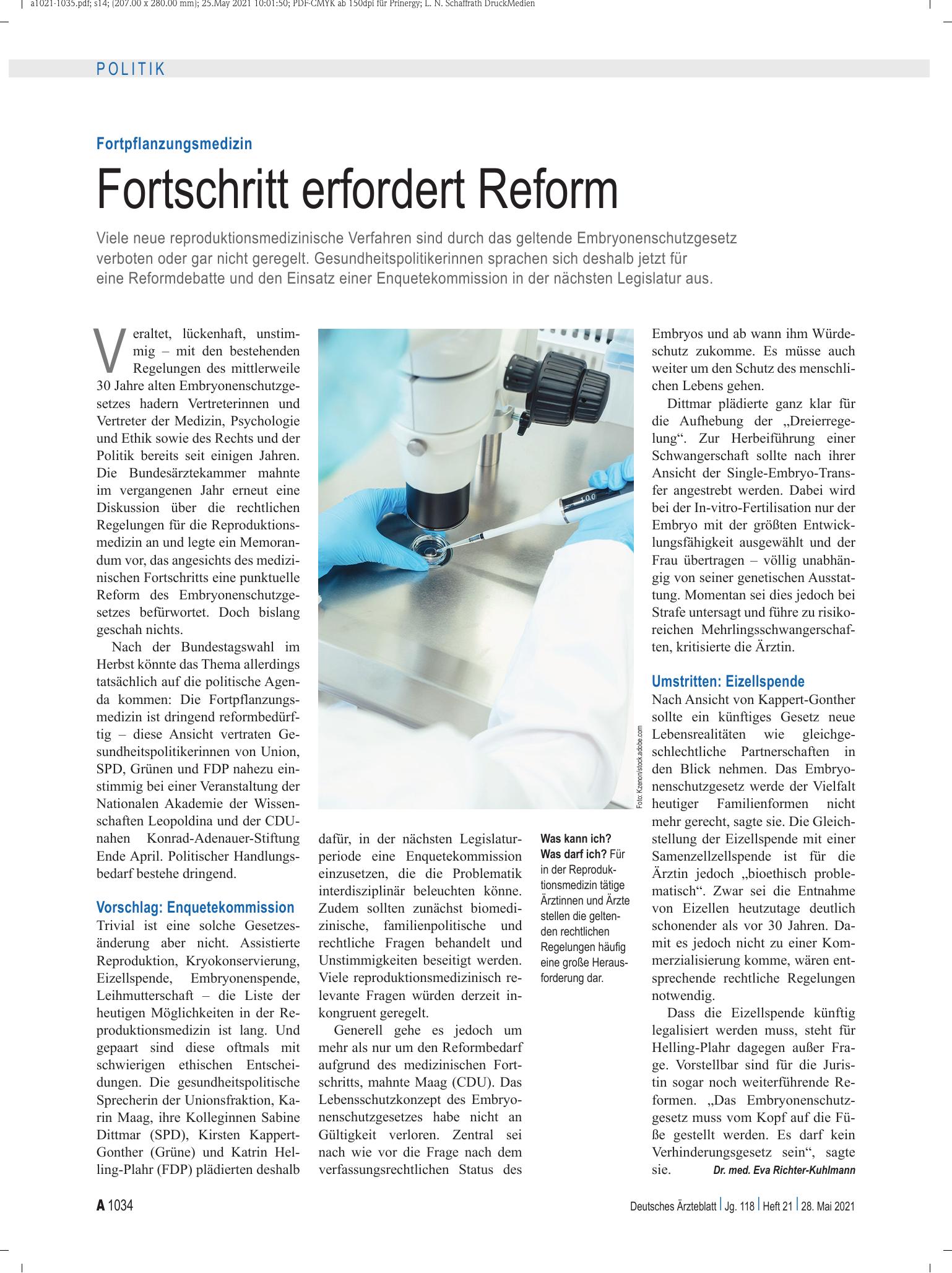 Vorschauseite 1: Fortpflanzungsmedizin: Fortschritt erfordert Reform – Deutsches Ärzteblatt