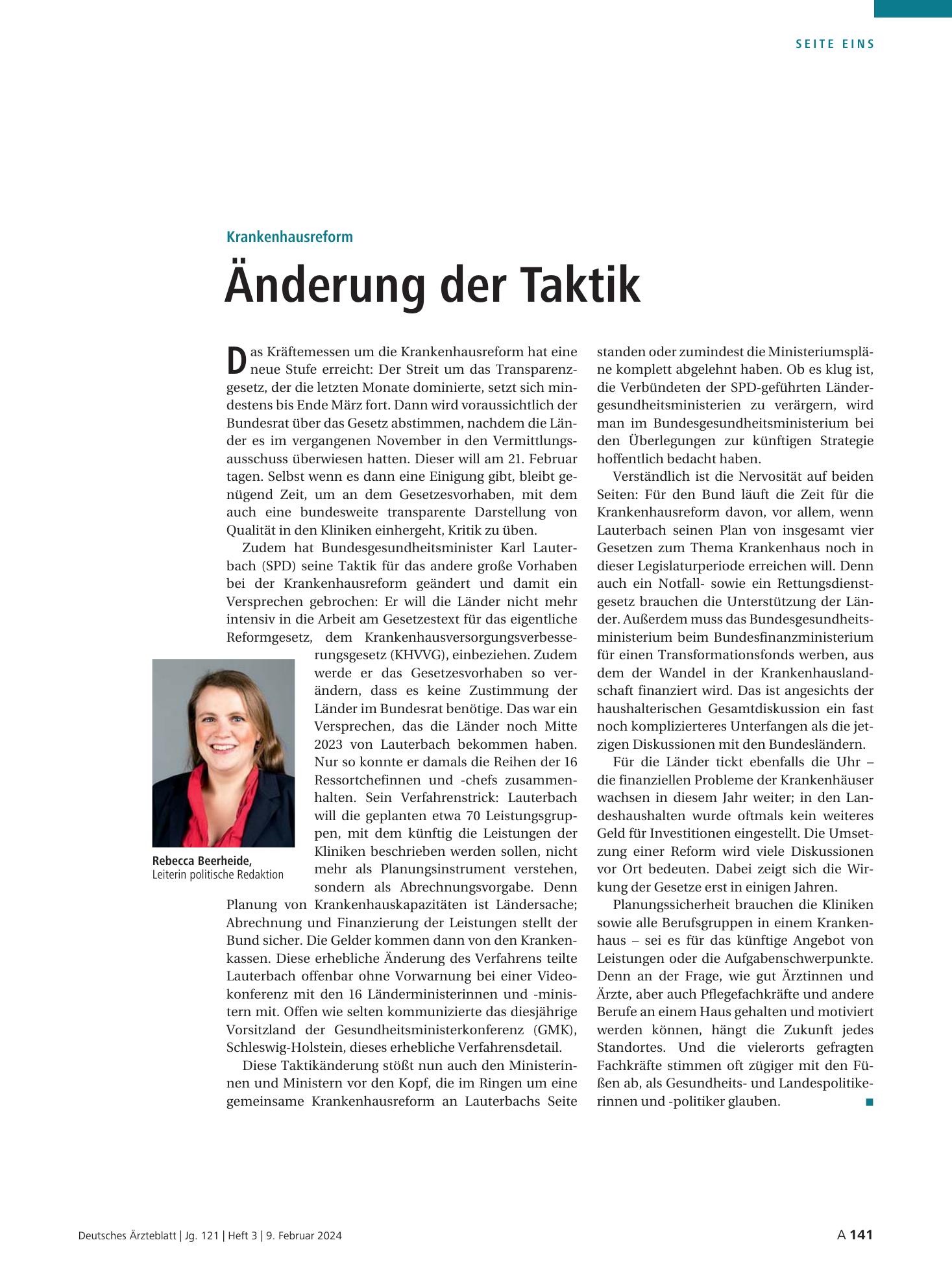 Vorschauseite 1: Krankenhausreform: Änderung der Taktik – Deutsches Ärzteblatt