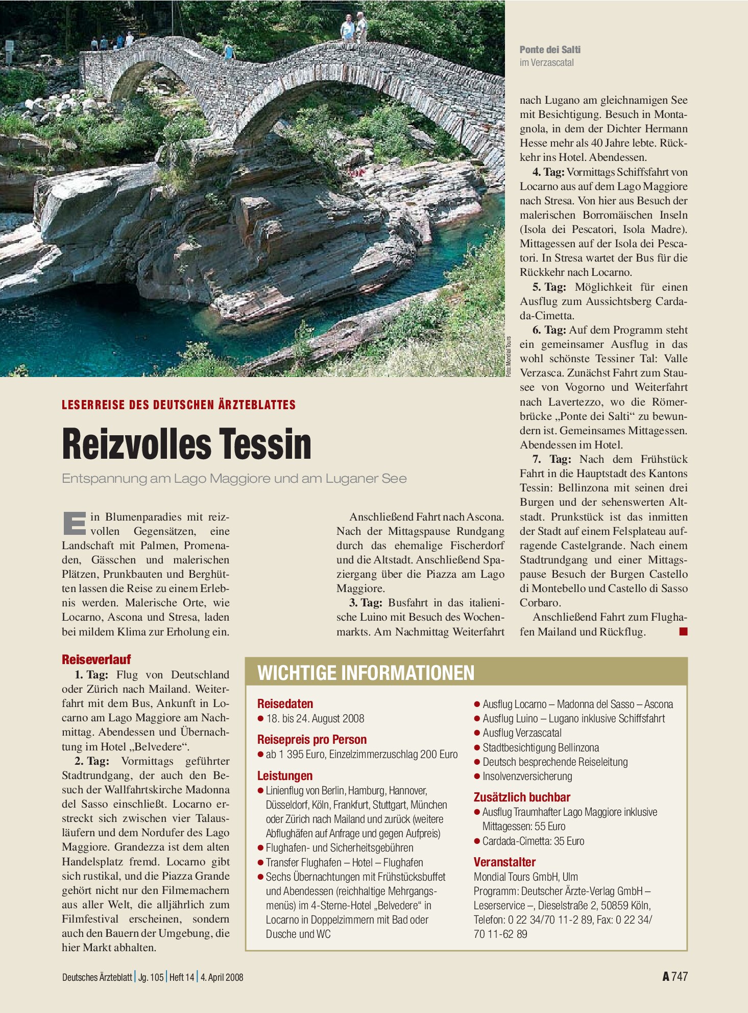 Vorschauseite 1: Leserreise des Deutschen Ärzteblattes: Reizvolles Tessin – Deutsches Ärzteblatt