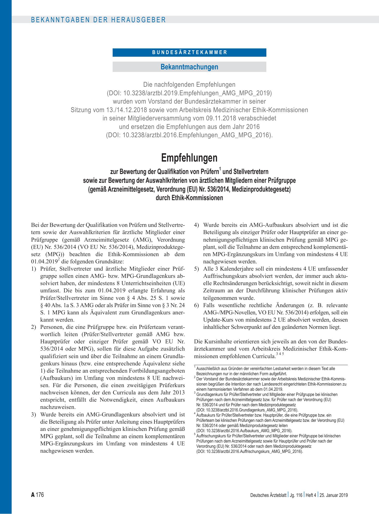 Vorschauseite 1: Empfehlungen zur Bewertung der Qualifikation von Prüfern1 und Stellvertretern sowie zur Bewertung der Auswahlkriterien von ärztlichen Mitgliedern einer Prüfgruppe (gemäß Arzneimit…