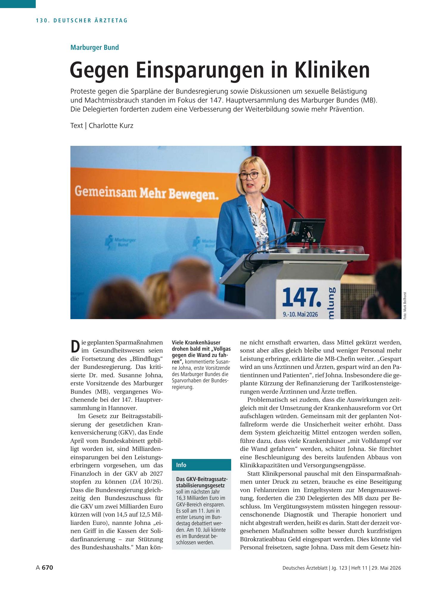 Vorschauseite 1: Marburger Bund: Gegen Einsparungen in Kliniken – Deutsches Ärzteblatt