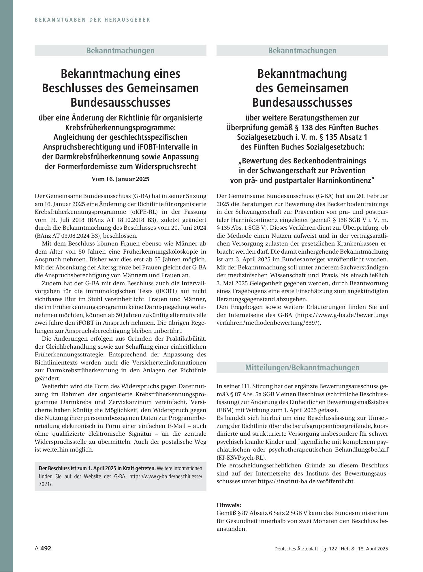 Vorschauseite 1: Mitteilungen/Bekanntmachungen – Deutsches Ärzteblatt