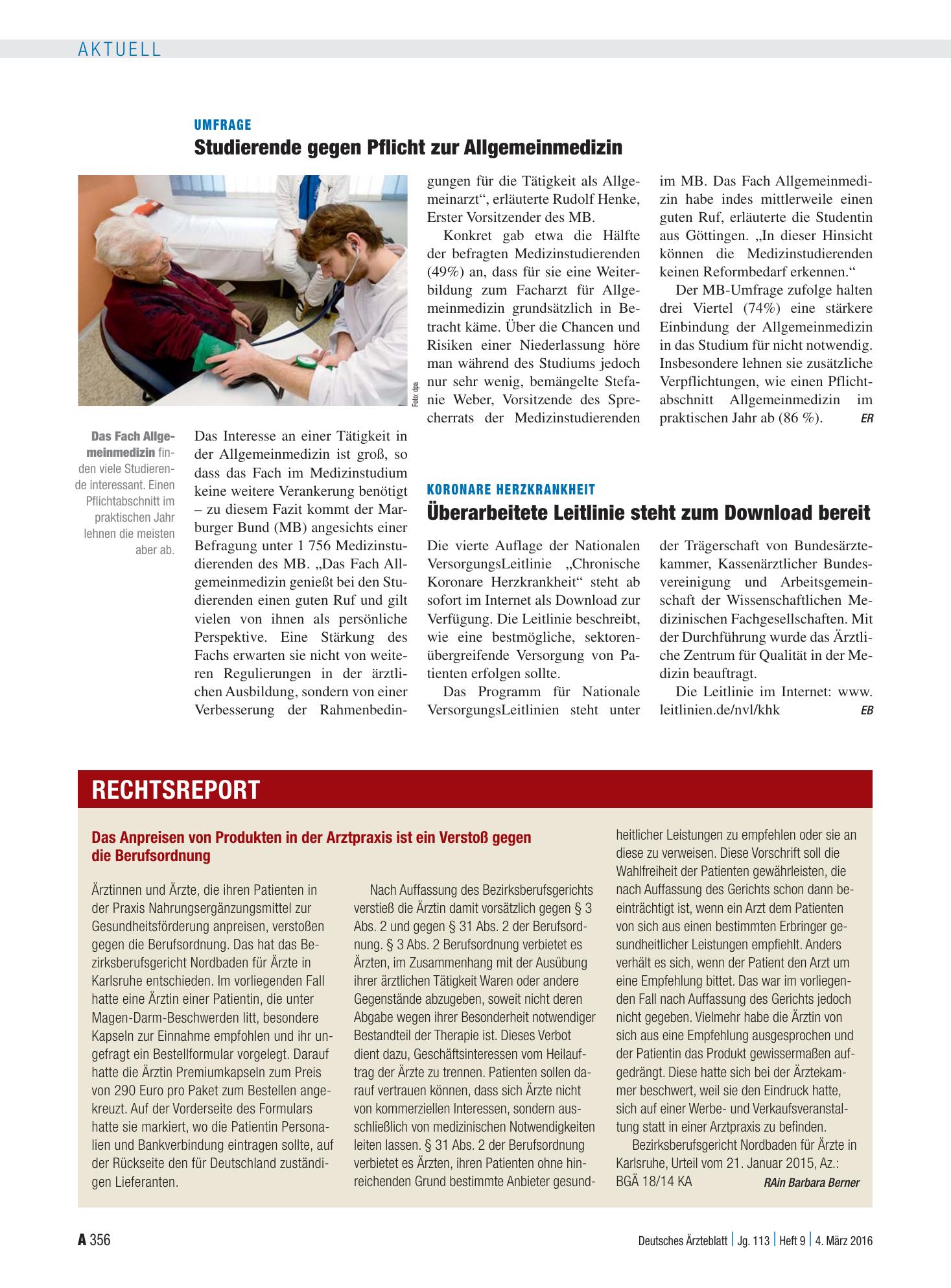 Vorschauseite 1: Umfrage: Studierende gegen Pflicht zur Allgemeinmedizin – Deutsches Ärzteblatt