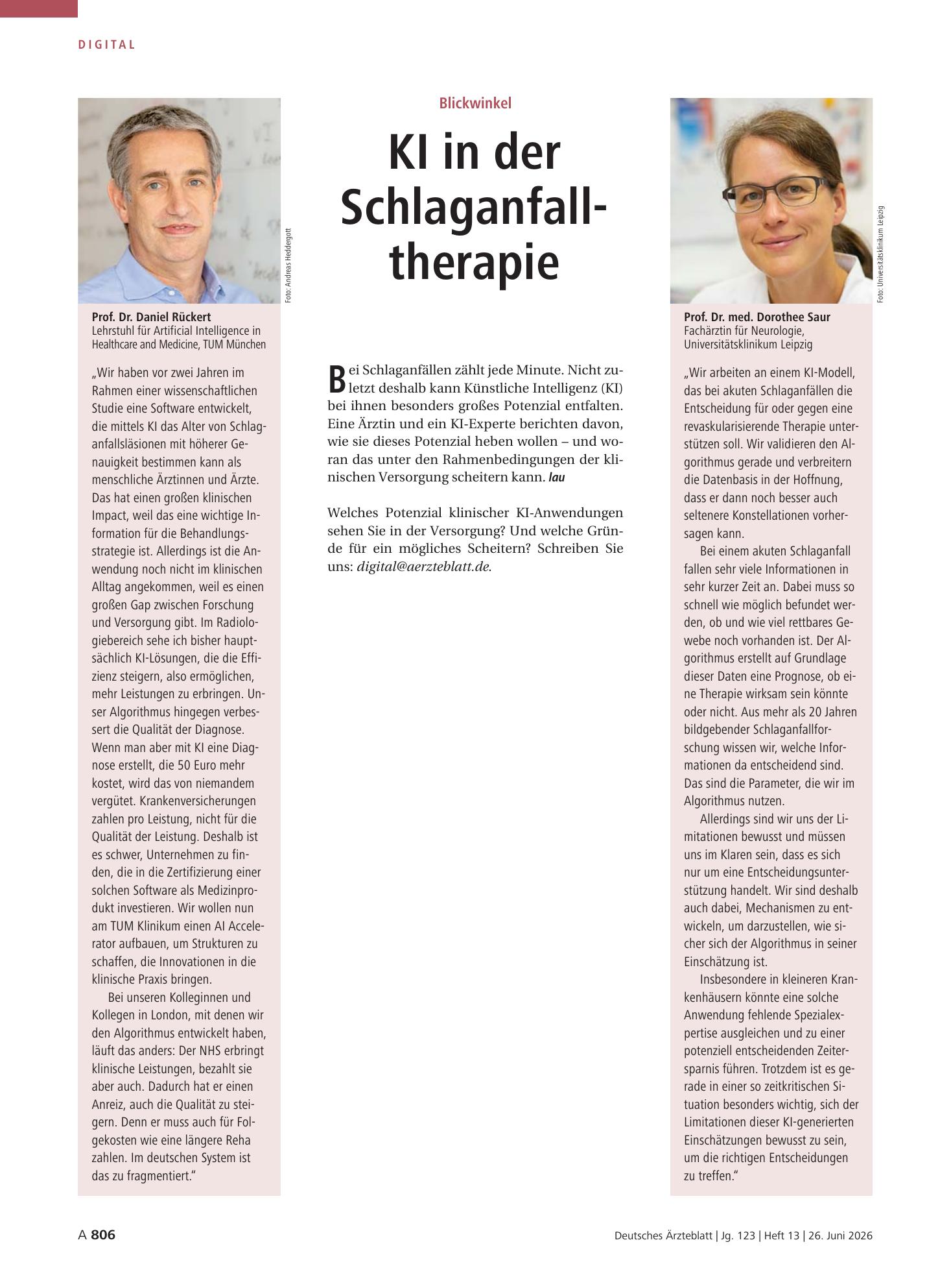 Vorschauseite 1: Blickwinkel: KI in der Schlaganfalltherapie – Deutsches Ärzteblatt