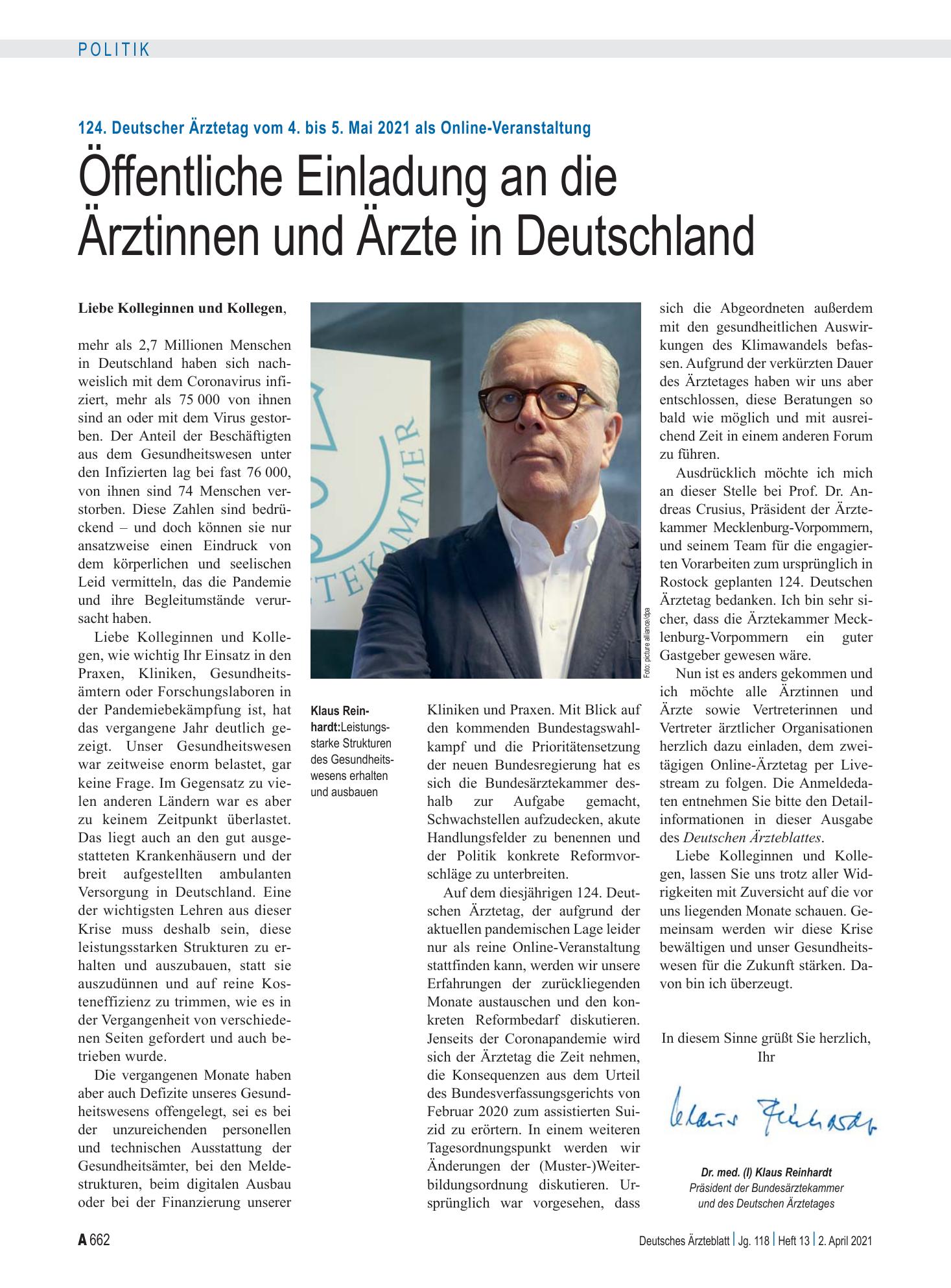Vorschauseite 1: 124. Deutscher Ärztetag vom 4. bis 5. Mai 2021 als Online-Veranstaltung: Öffentliche Einladung an die Ärztinnen und Ärzte in Deutschland – Deutsches Ärzteblatt