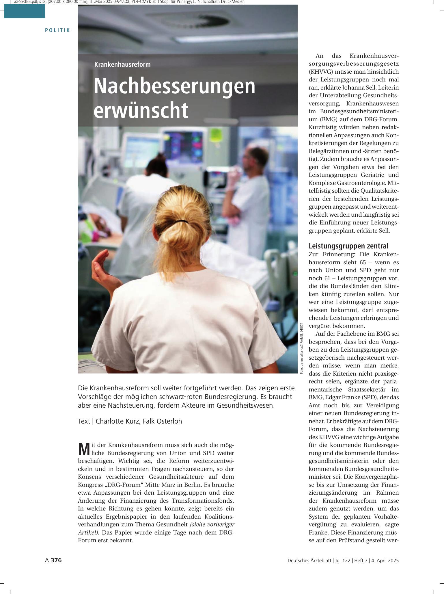 Vorschauseite 1: Krankenhausreform: Nachbesserungen erwünscht – Deutsches Ärzteblatt