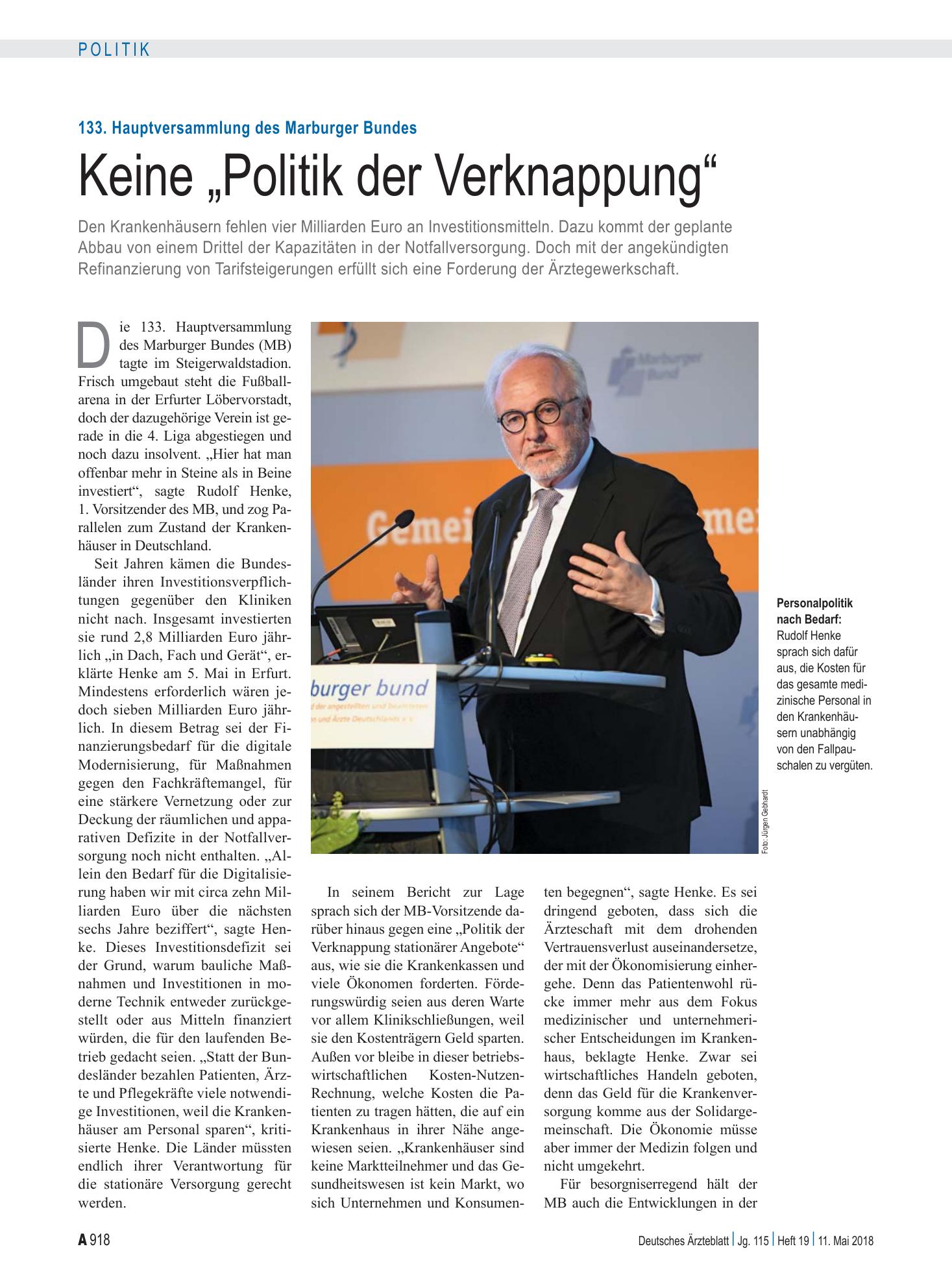 Vorschauseite 1: 133. Hauptversammlung des Marburger Bundes: Keine „Politik der Verknappung“ – Deutsches Ärzteblatt