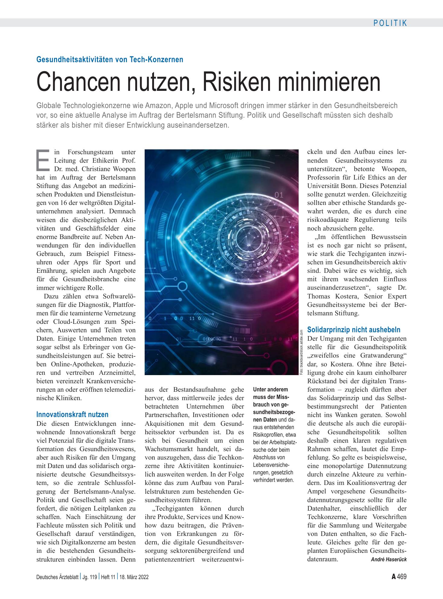 Vorschauseite 1: Gesundheitsaktivitäten von Tech-Konzernen: Chancen nutzen, Risiken minimieren – Deutsches Ärzteblatt