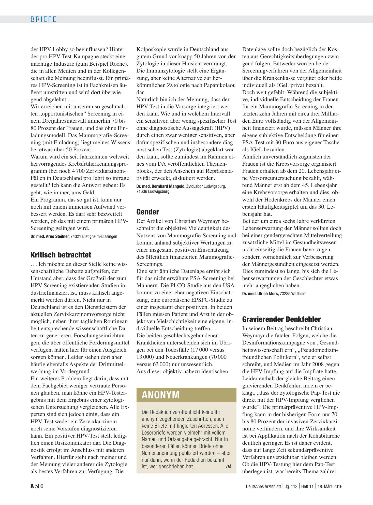 Vorschauseite 1: Krebsfrüherkennung: Gender – Deutsches Ärzteblatt