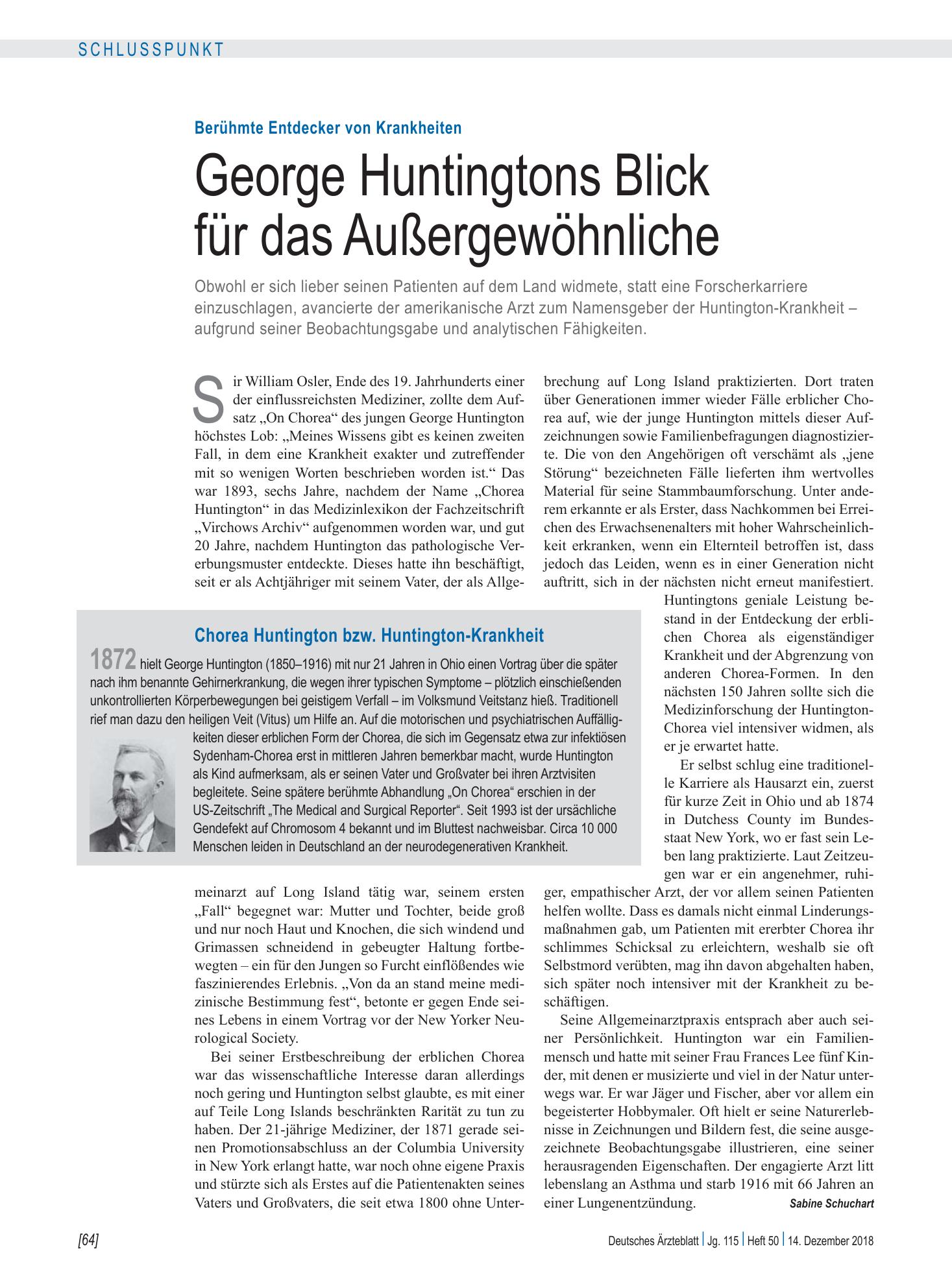 Vorschauseite 1: Berühmte Entdecker von Krankheiten: George Huntingtons Blick für das Außergewöhnliche – Deutsches Ärzteblatt
