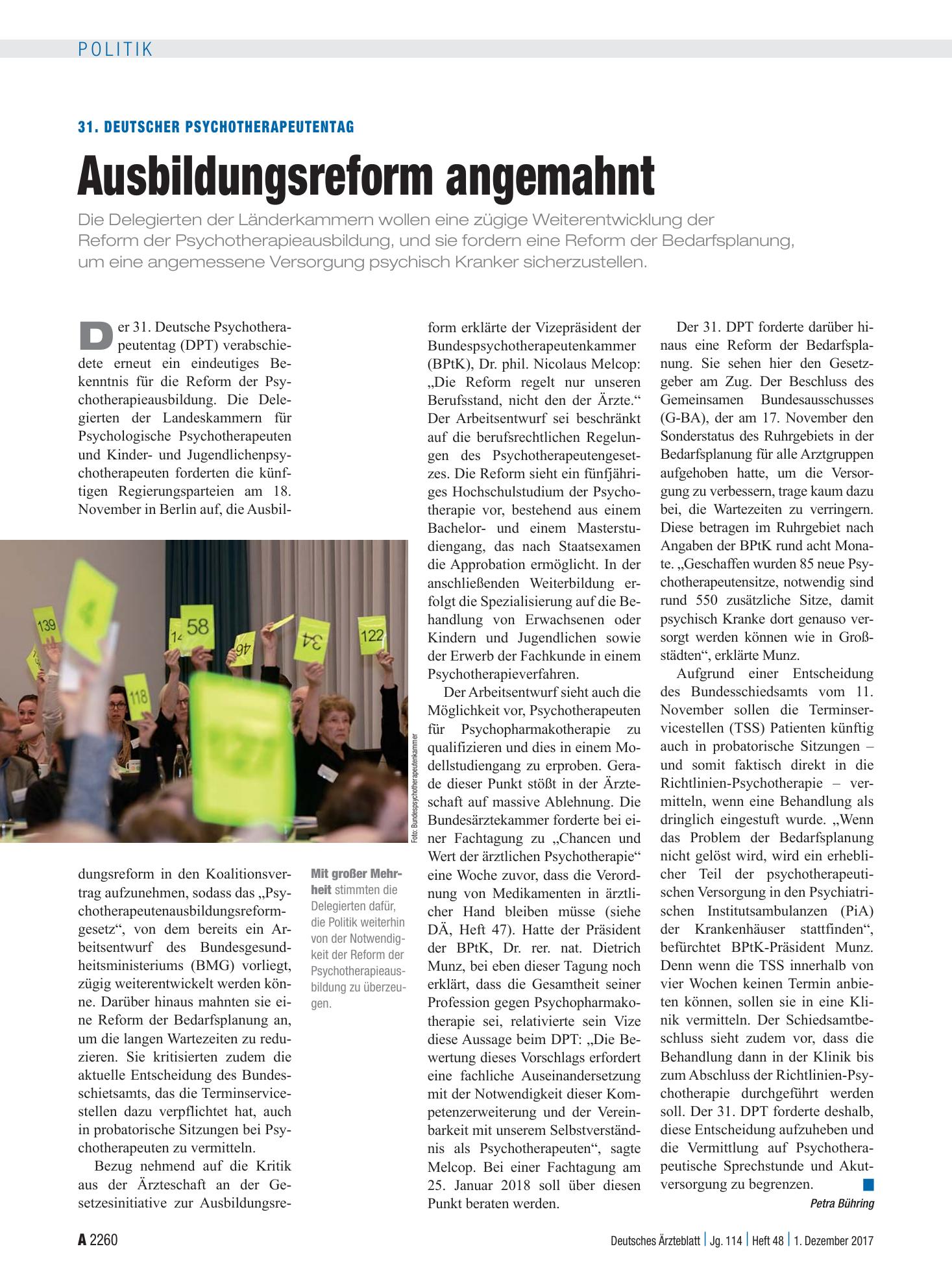Vorschauseite 1: 31. Deutscher Psychotherapeutentag: Ausbildungsreform angemahnt – Deutsches Ärzteblatt