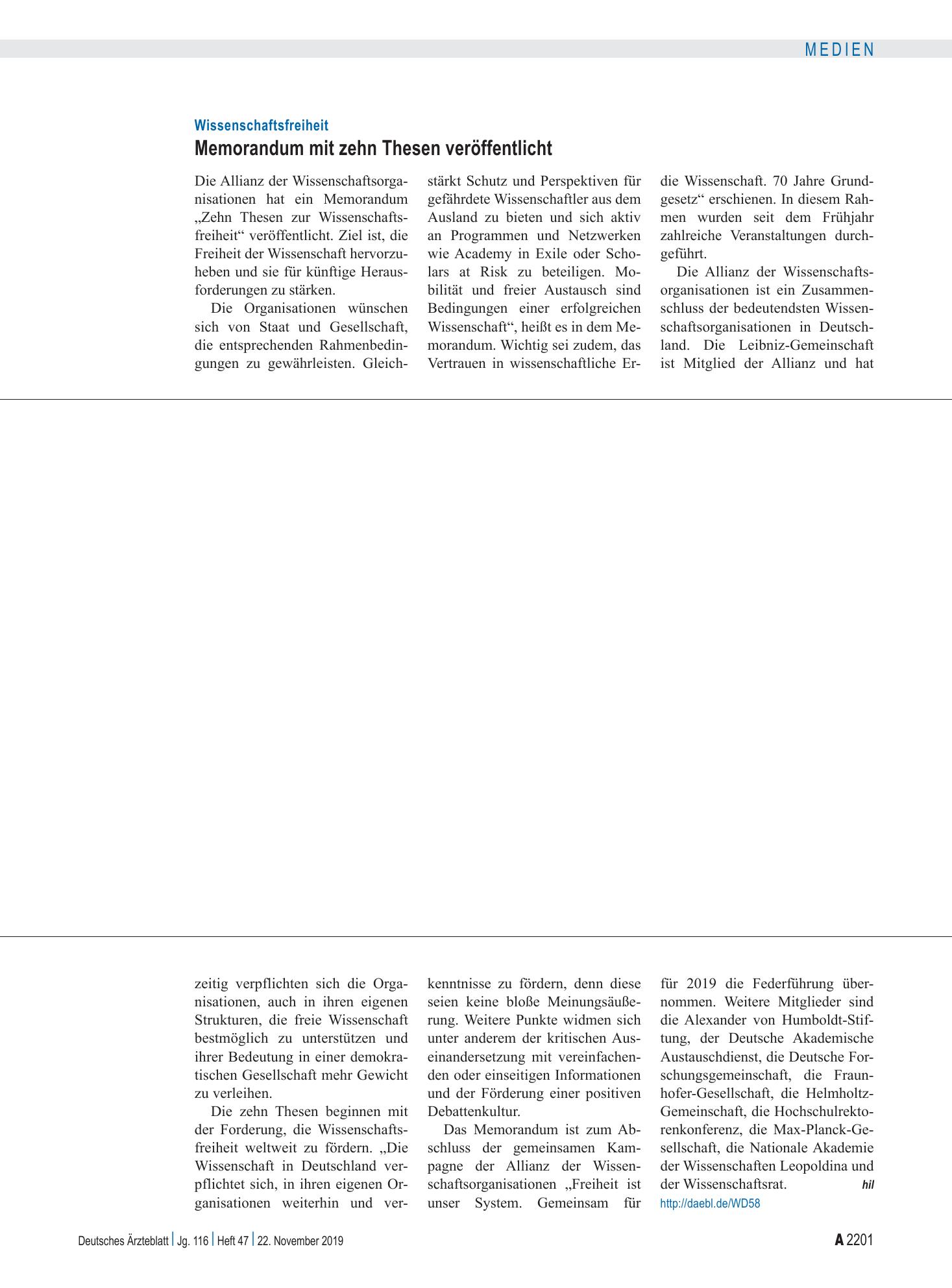 Vorschauseite 1: Wissenschaftsfreiheit: Memorandum mit zehn Thesen veröffentlicht – Deutsches Ärzteblatt