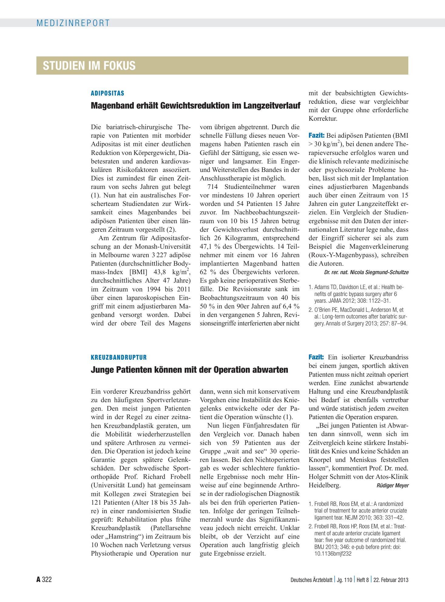 Vorschauseite 1: Kreuzbandruptur: Junge Patienten können mit der Operation abwarten – Deutsches Ärzteblatt
