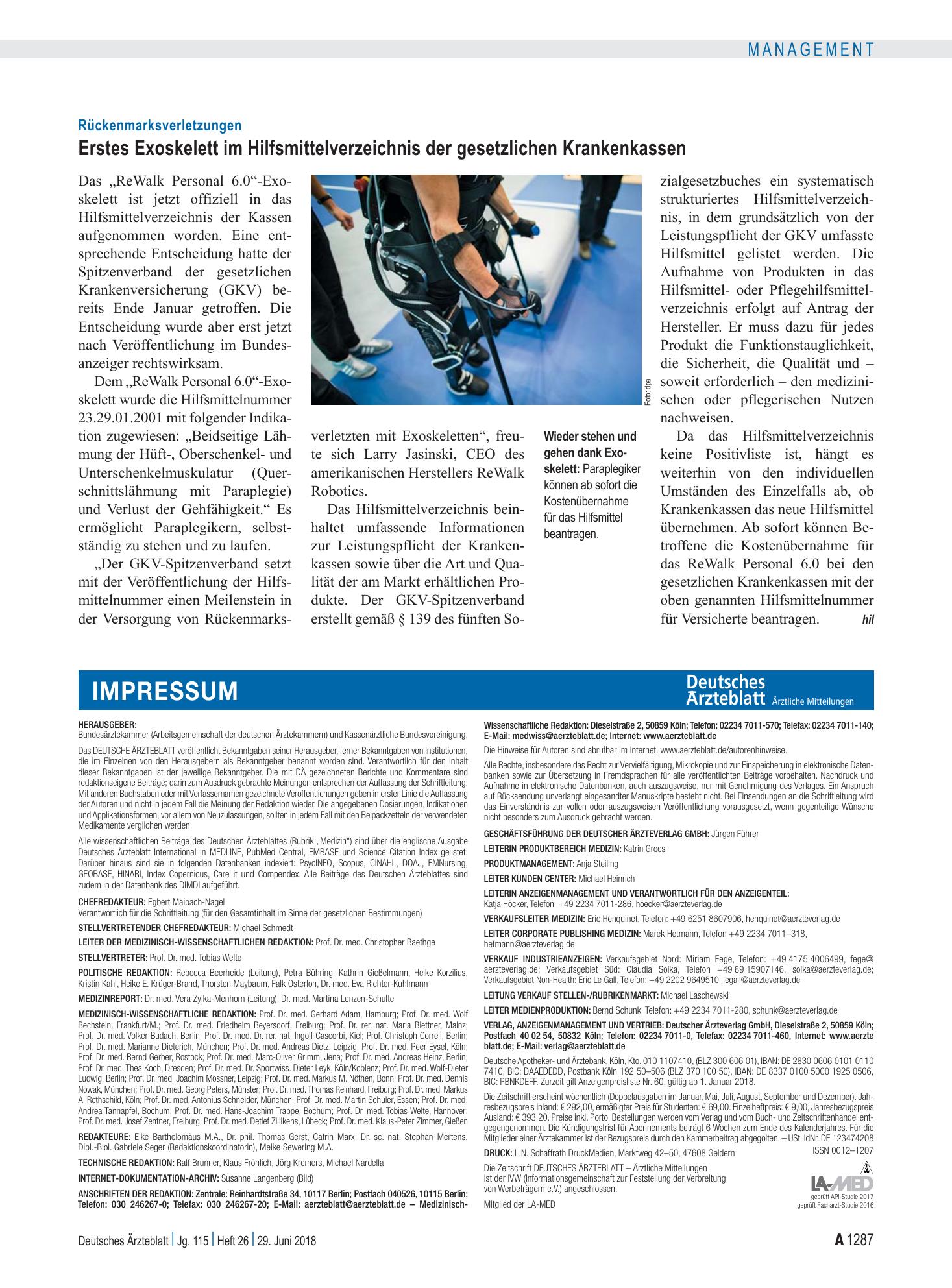 Vorschauseite 1: Rückenmarksverletzungen: Erstes Exoskelett im Hilfsmittelverzeichnis der gesetzlichen Krankenkassen – Deutsches Ärzteblatt