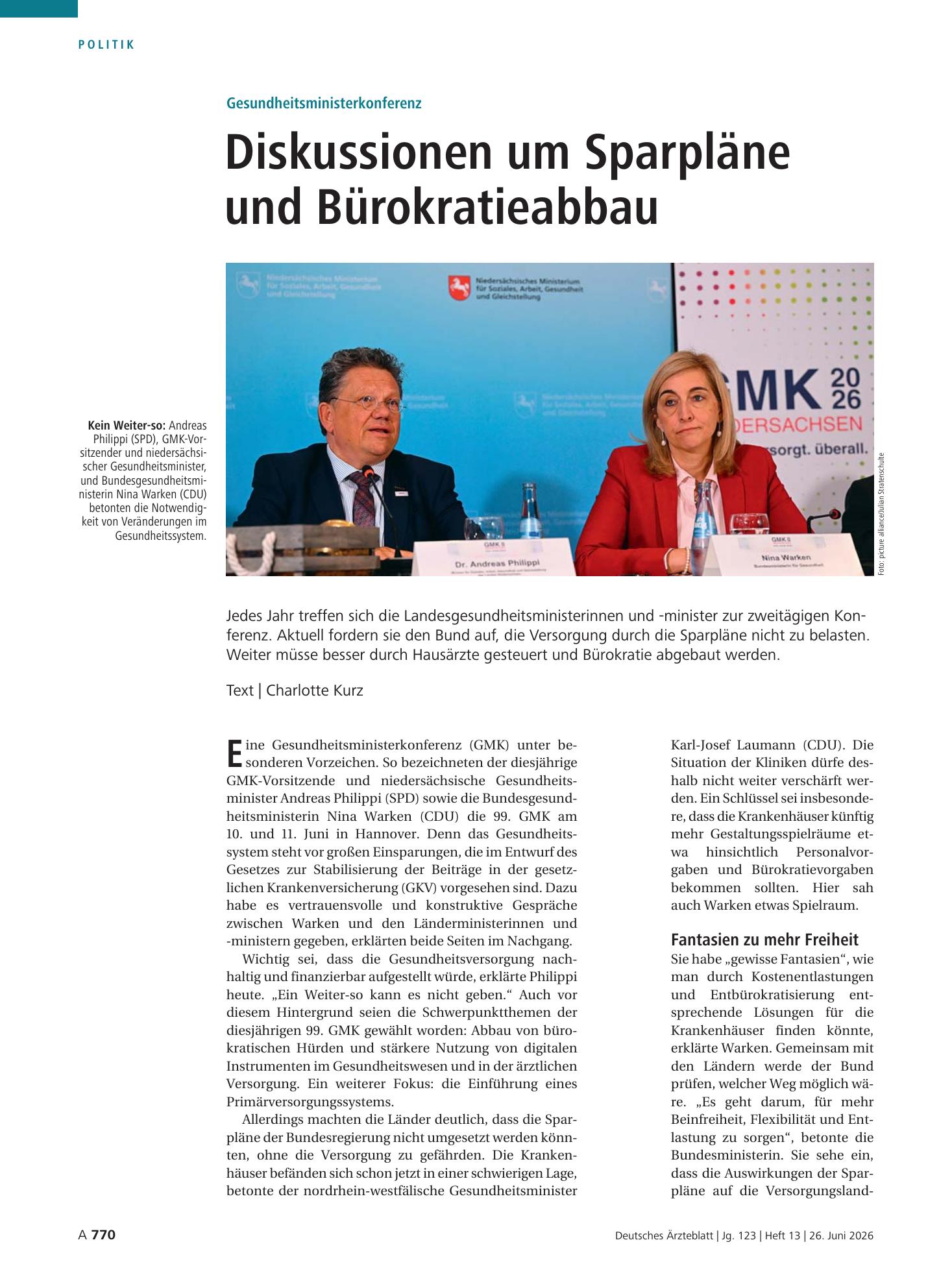 Vorschauseite 1: Gesundheitsministerkonferenz: Diskussionen um Sparpläne und Bürokratieabbau – Deutsches Ärzteblatt