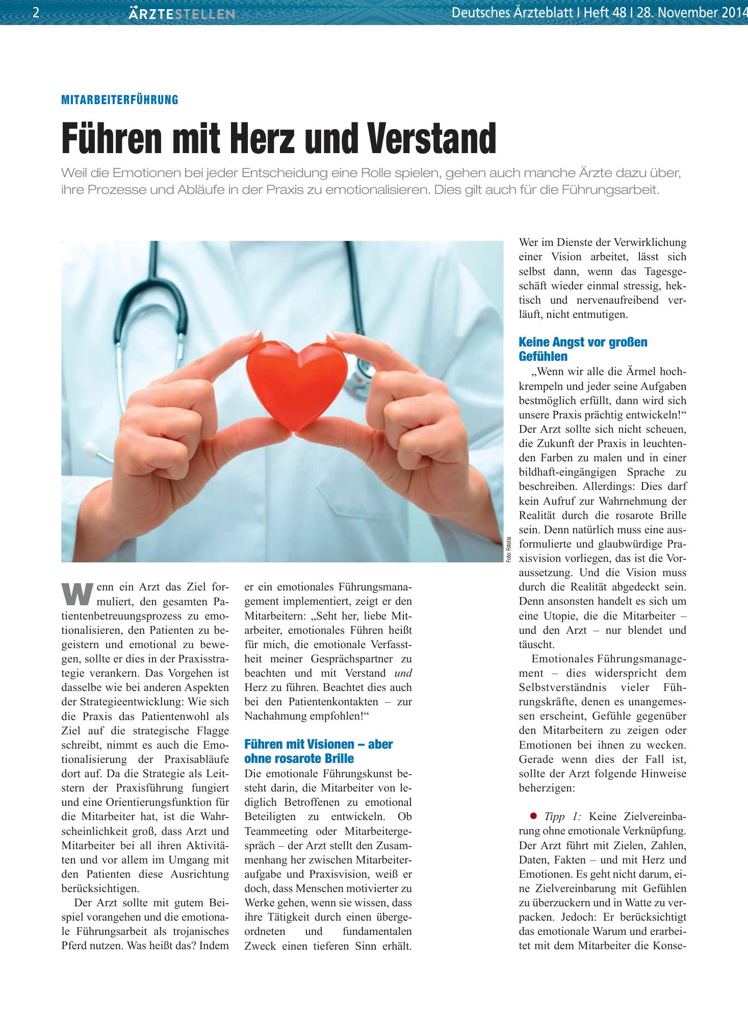 Vorschauseite 1: Mitarbeiterführung: Führen mit Herz und Verstand – Deutsches Ärzteblatt