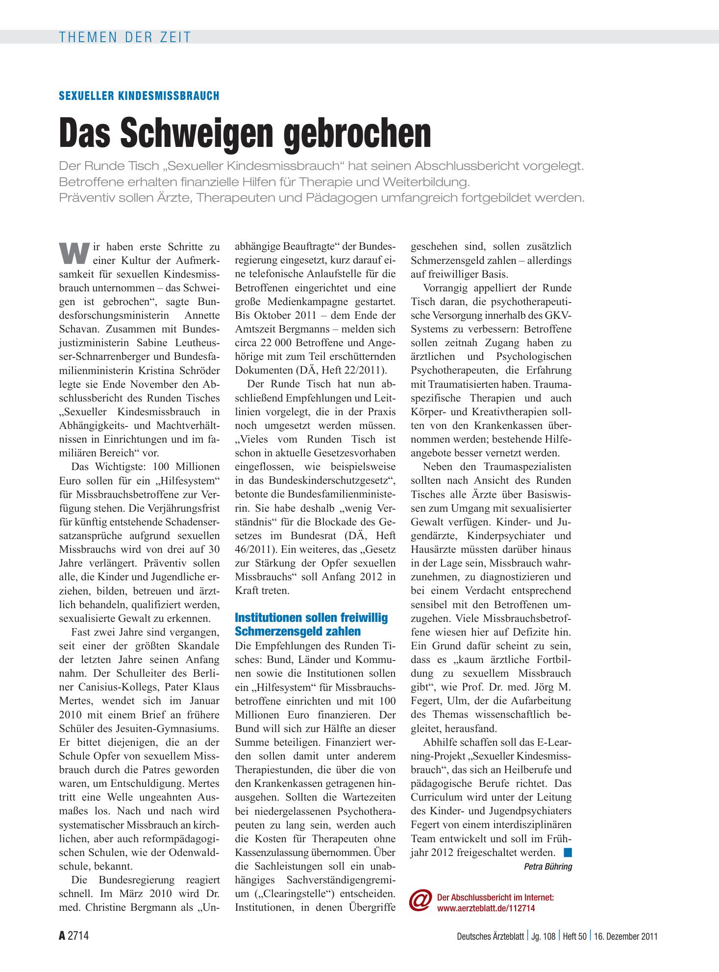 Vorschauseite 1: Sexueller Kindesmissbrauch: Das Schweigen gebrochen – Deutsches Ärzteblatt