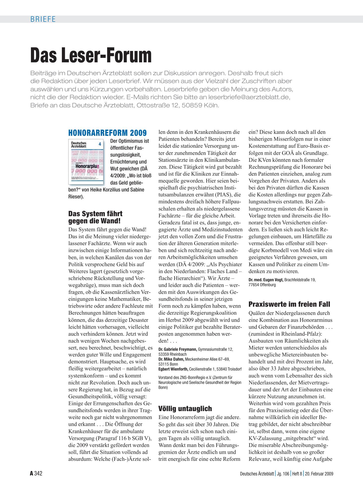 Vorschauseite 1: Honorarreform 2009: Praxiswerte im freien Fall – Deutsches Ärzteblatt