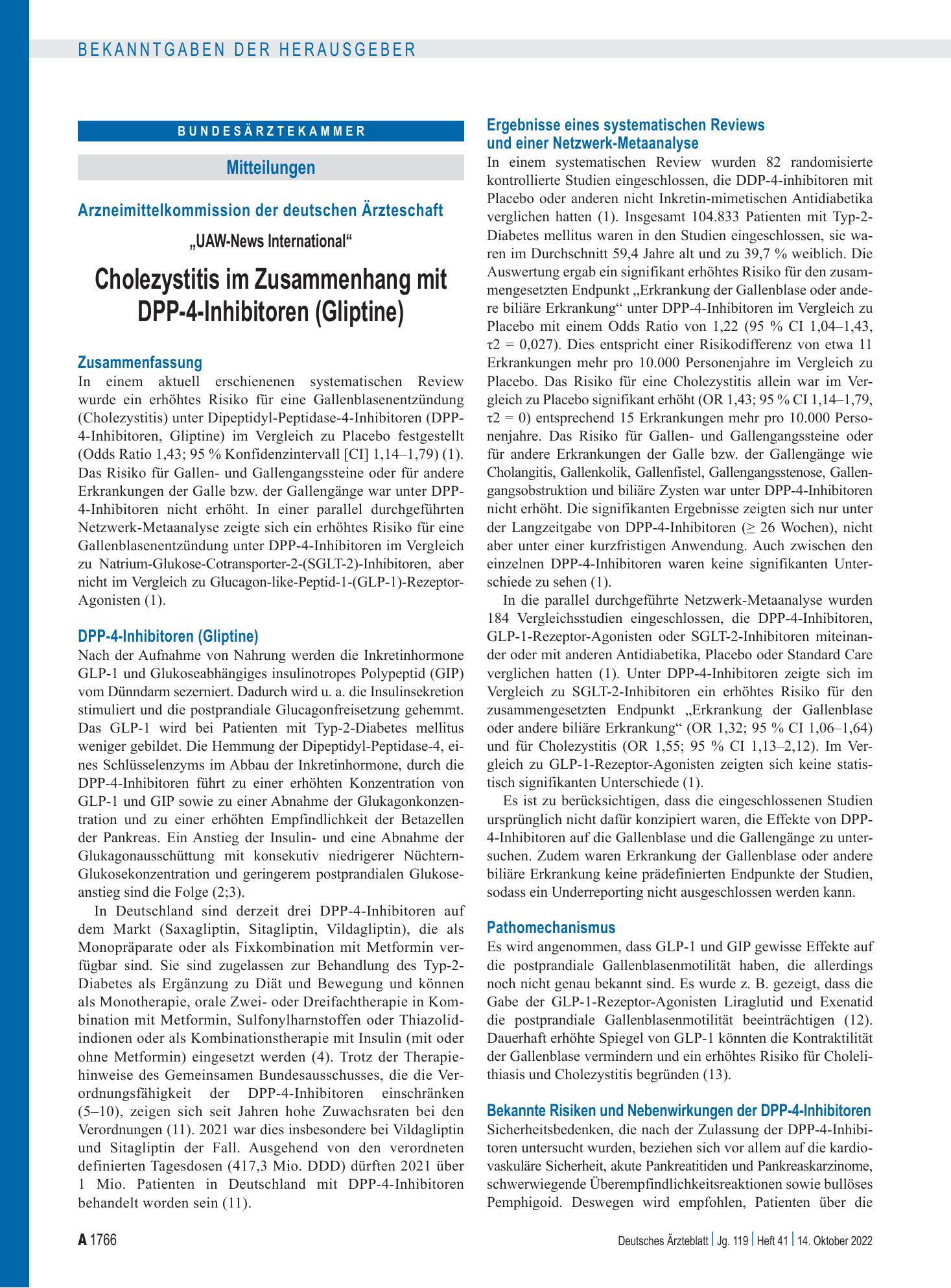 Vorschauseite 1: Arzneimittelkommission der deutschen Ärzteschaft: „UAW-News International“ Cholezystitis im Zusammenhang mit DPP-4-Inhibitoren (Gliptine) – Deutsches Ärzteblatt