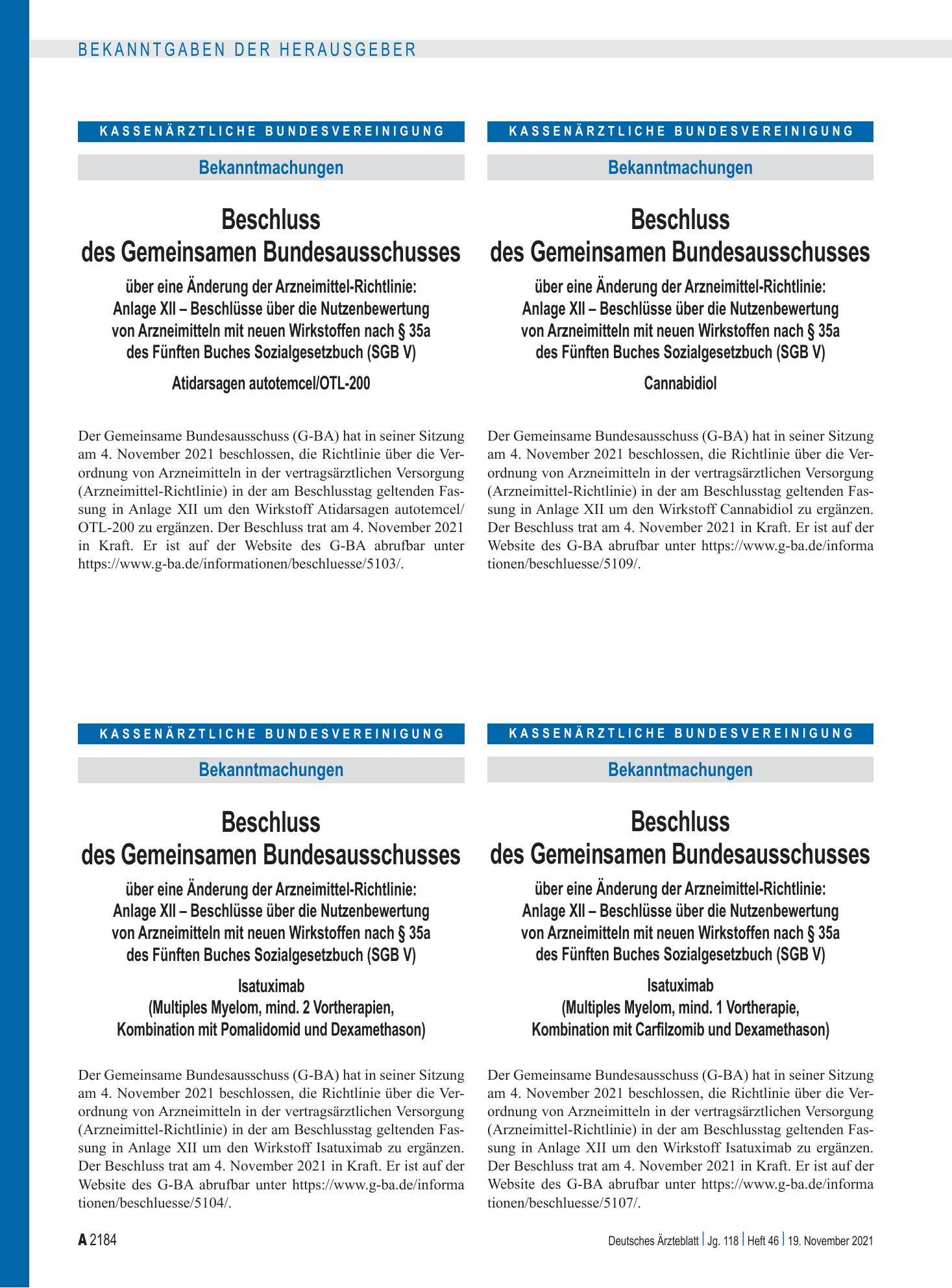 Vorschauseite 1: Beschlüsse über die Nutzenbewertung von Arzneimitteln mit neuen Wirkstoffen nach § 35a des Fünften Buches Sozialgesetzbuch: Atidarsagen autotemcel/OTL-200 – Deutsches Ärzteblatt