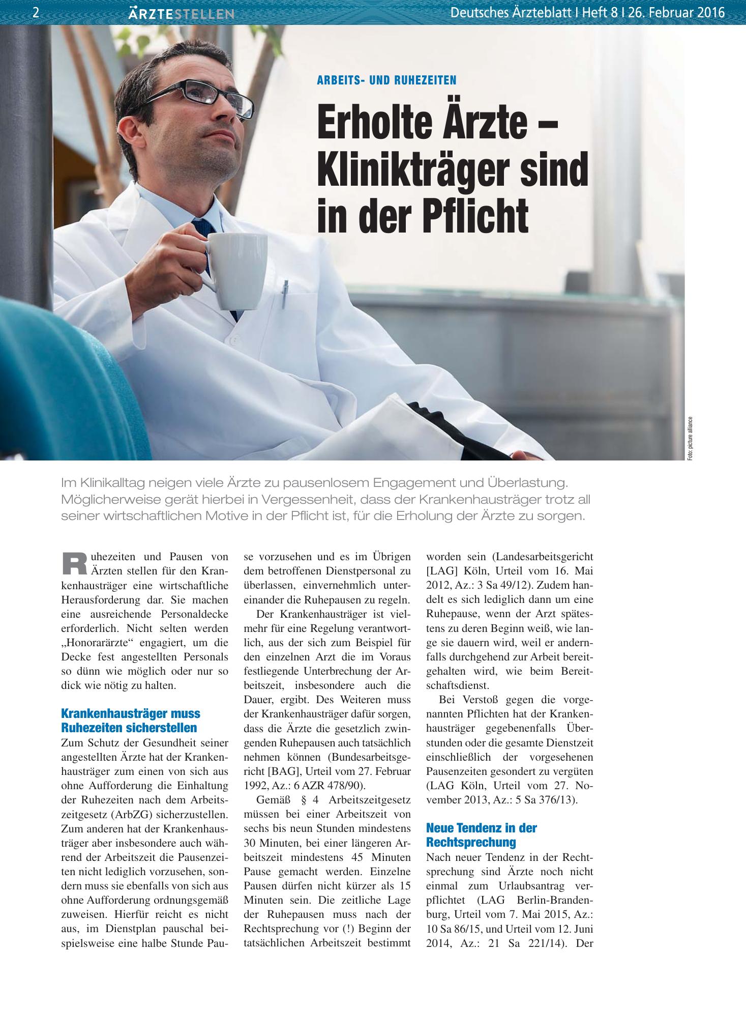 Vorschauseite 1: Arbeits- und Ruhezeiten: Erholte Ärzte – Klinikträger sind in der Pflicht – Deutsches Ärzteblatt
