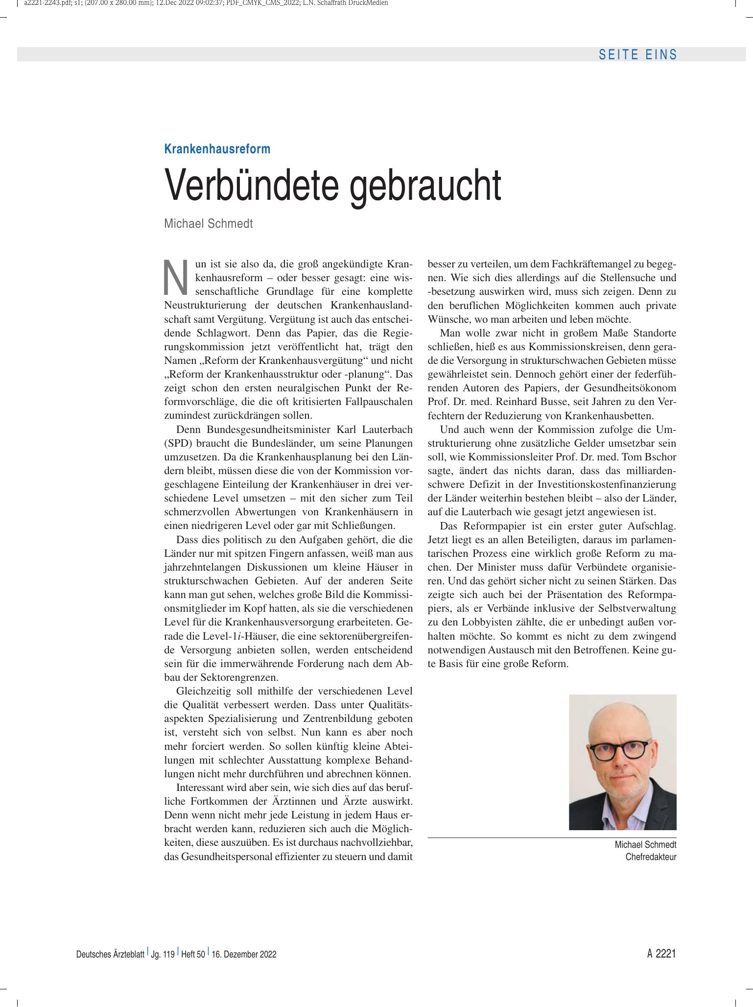 Vorschauseite 1: Krankenhausreform: Verbündete gebraucht – Deutsches Ärzteblatt