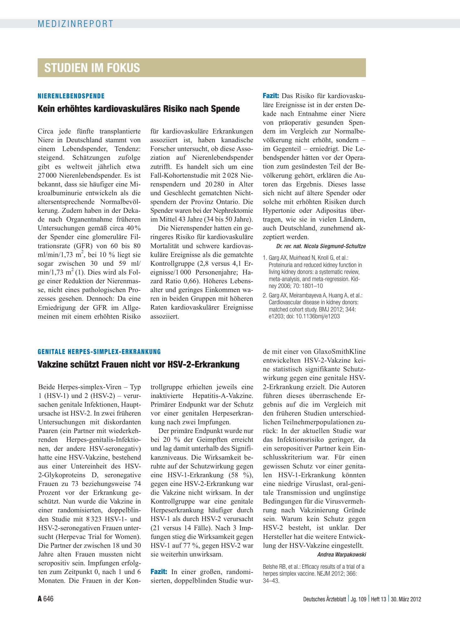 Vorschauseite 1: Nierenlebendspende: Kein erhöhtes kardiovaskuläres Risiko nach Spende – Deutsches Ärzteblatt
