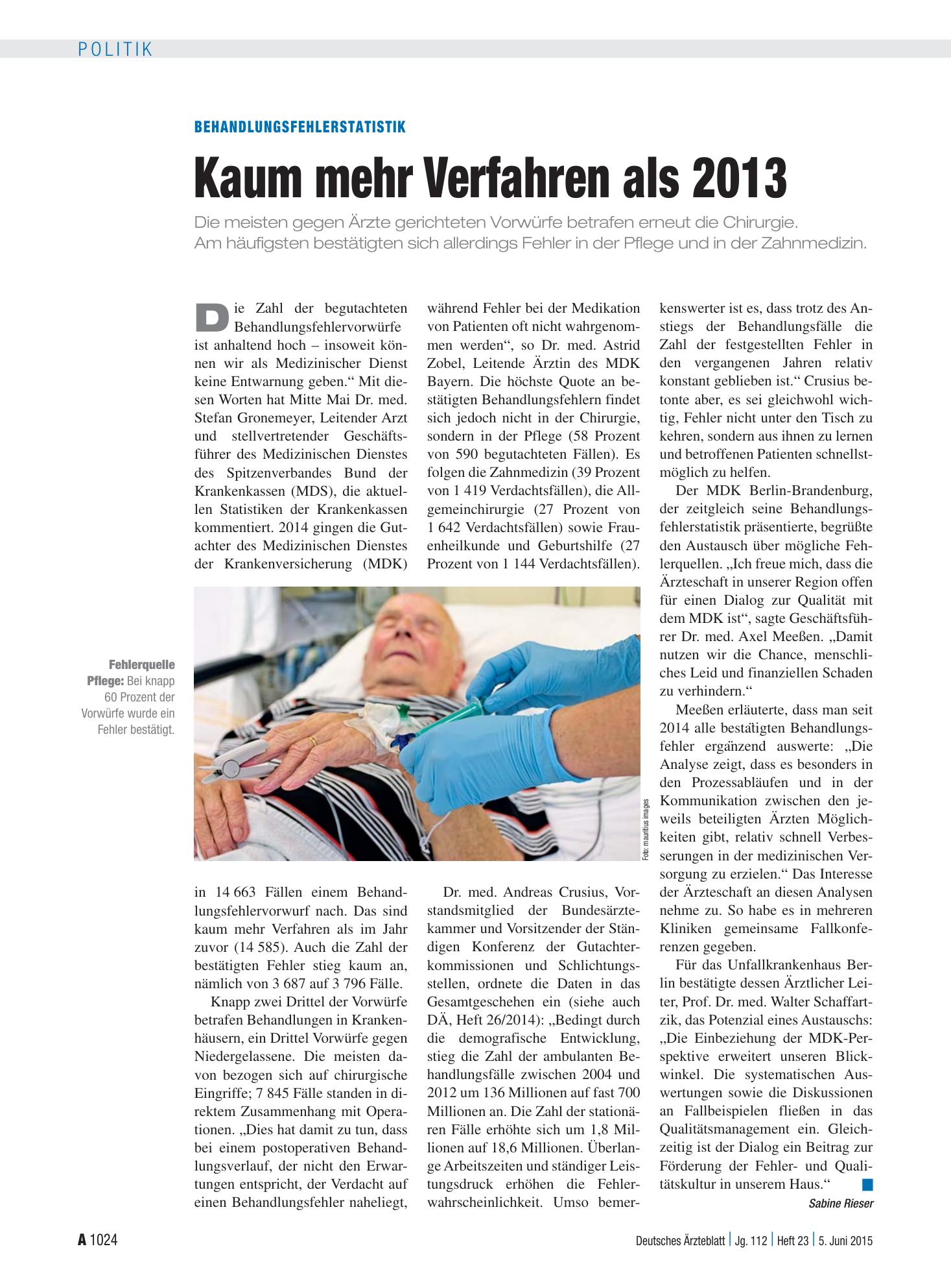 Vorschauseite 1: Behandlungsfehlerstatistik: Kaum mehr Verfahren als 2013 – Deutsches Ärzteblatt